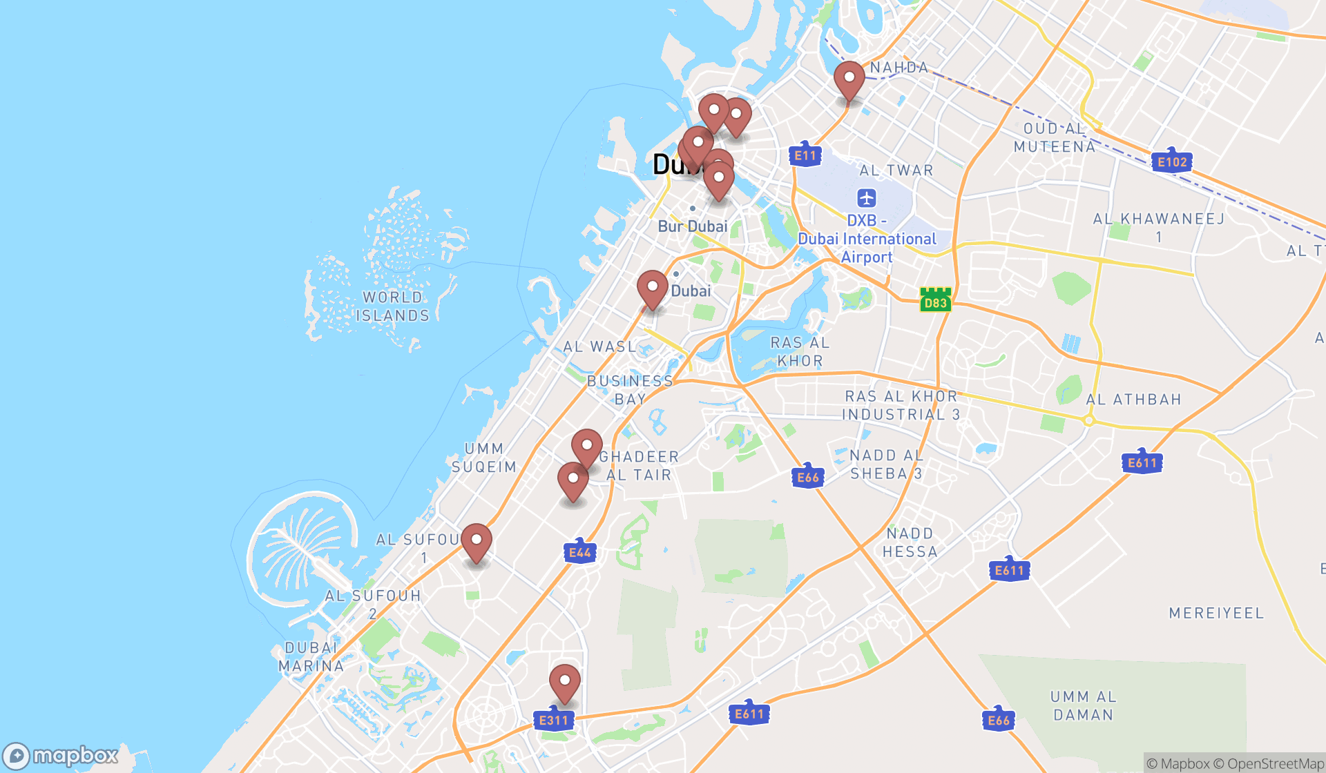 Map showing the search results in Dubai