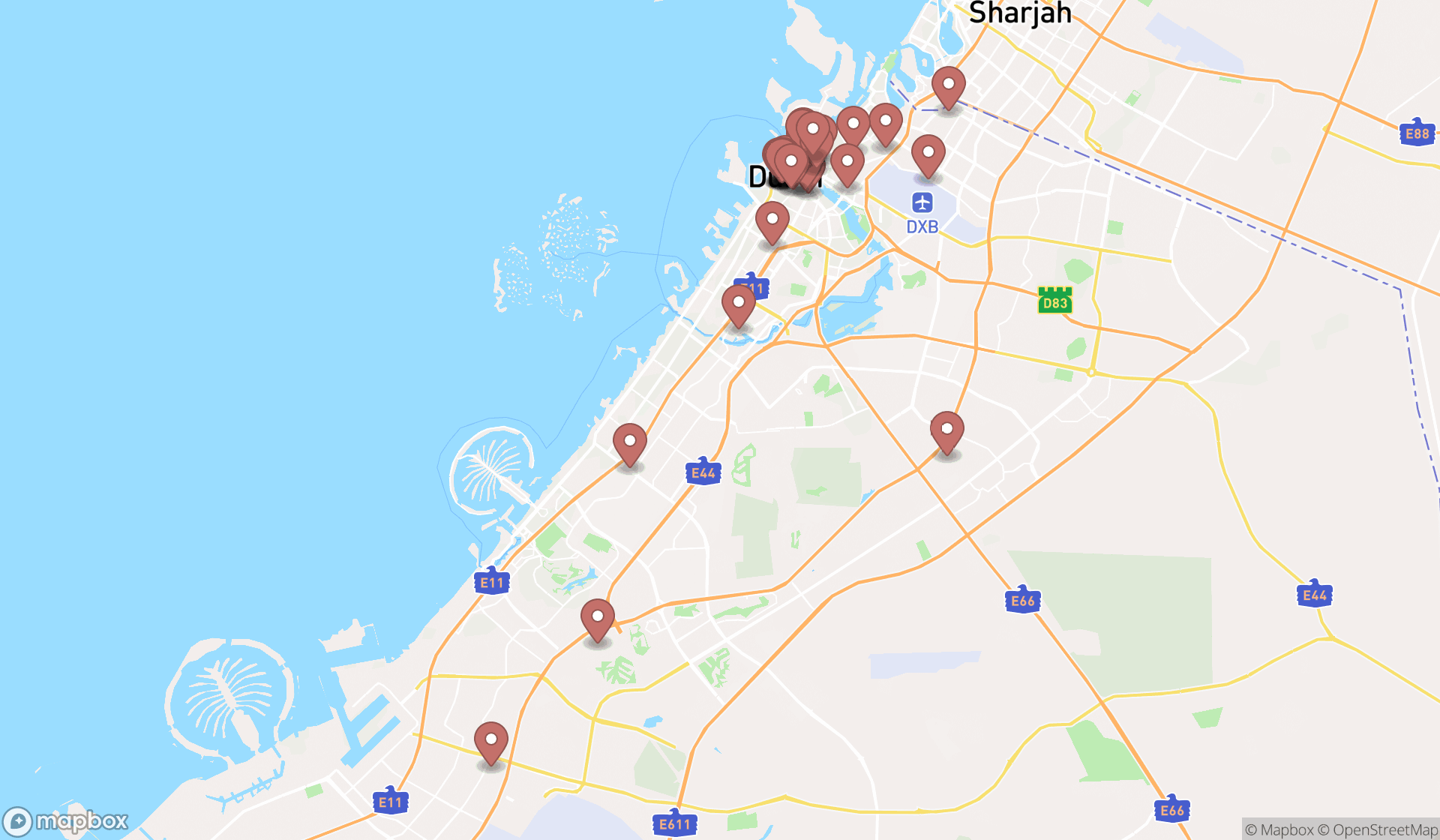 Map showing the search results in Dubai