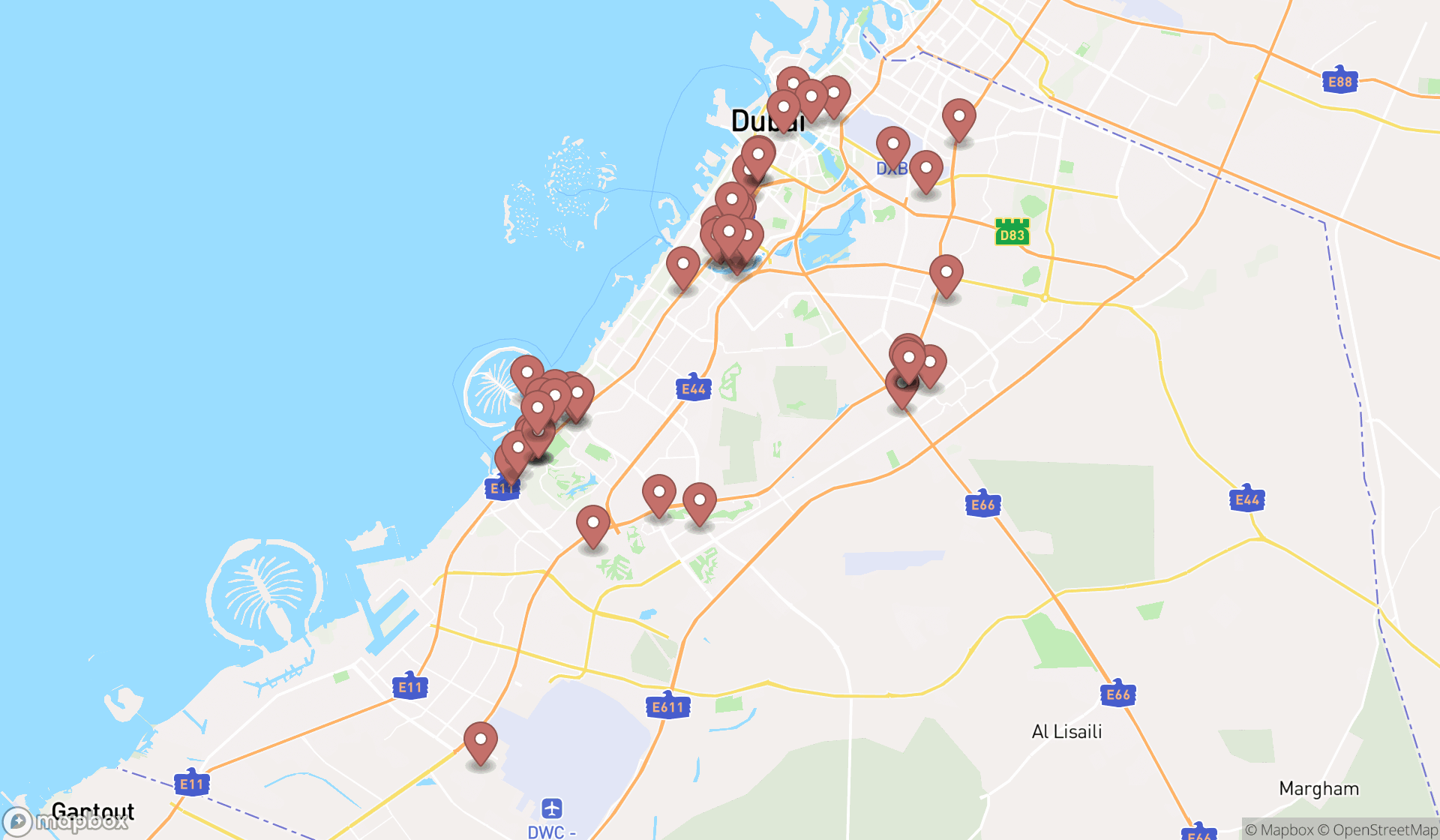 Map showing the search results in Dubai