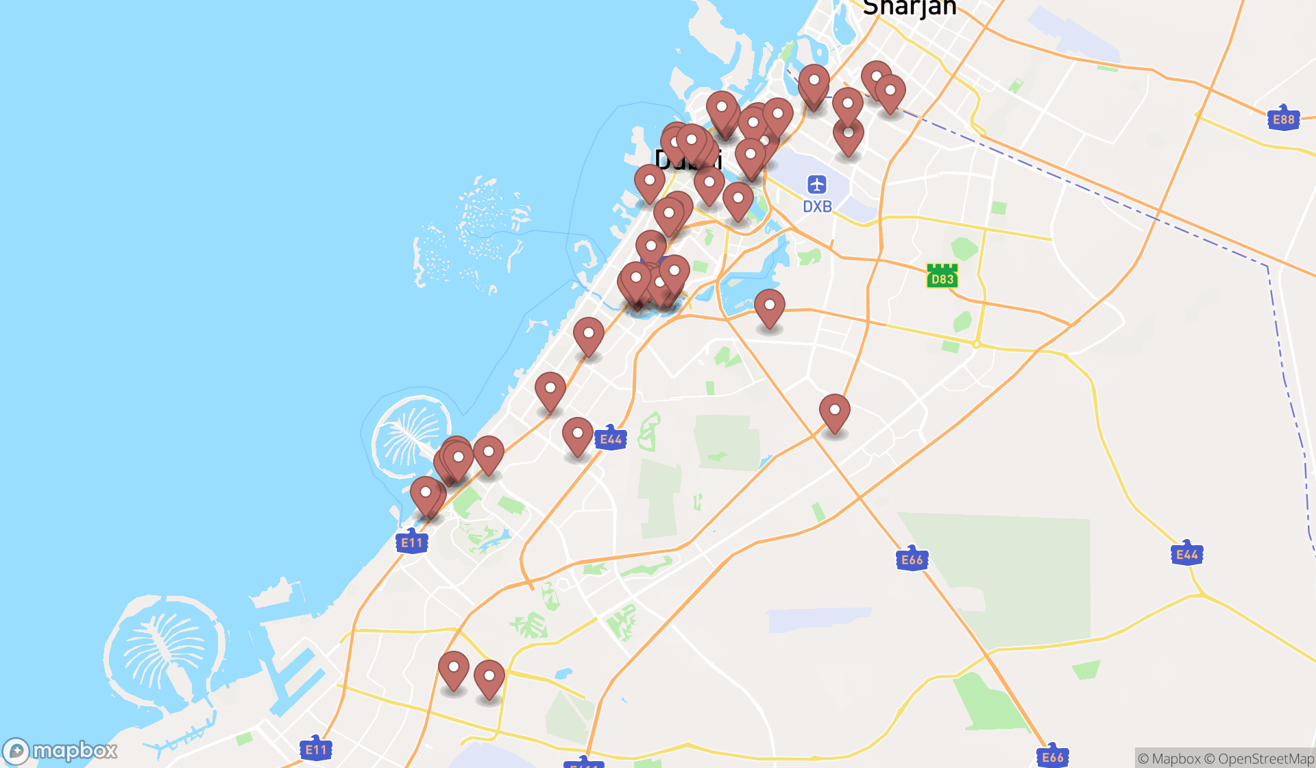 Map showing the search results in Dubai