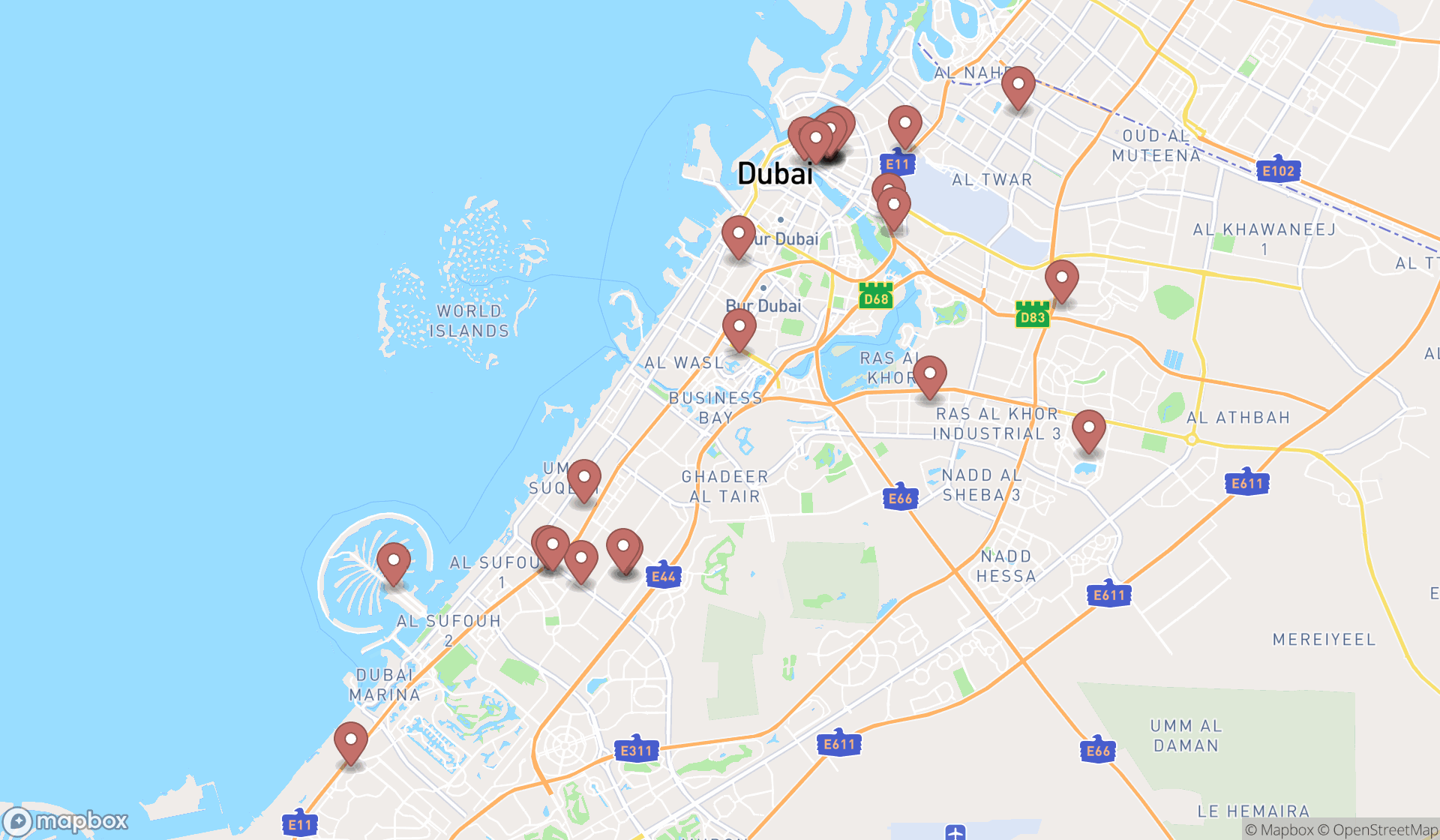 Map showing the search results in Dubai