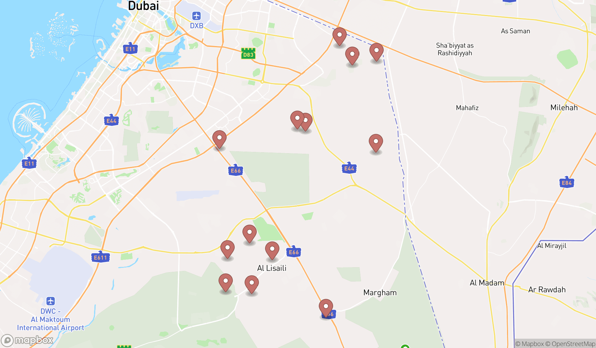 Map showing the search results in Dubai