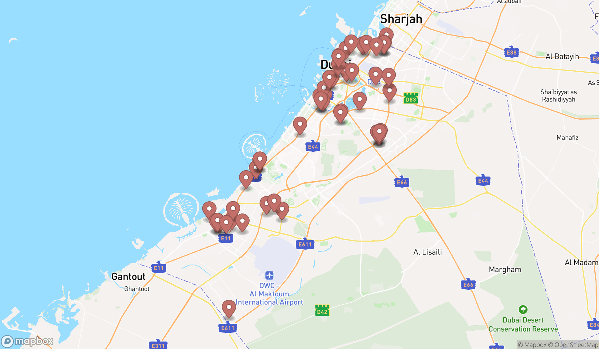 Map showing the search results in Dubai