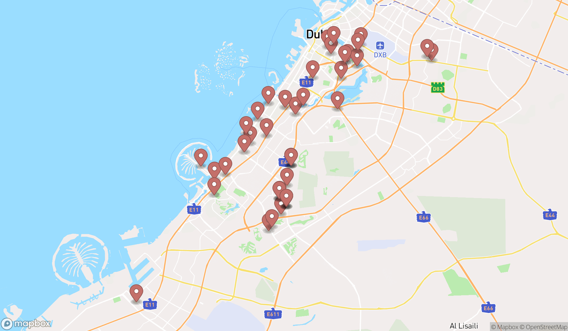 Map showing the search results in Dubai