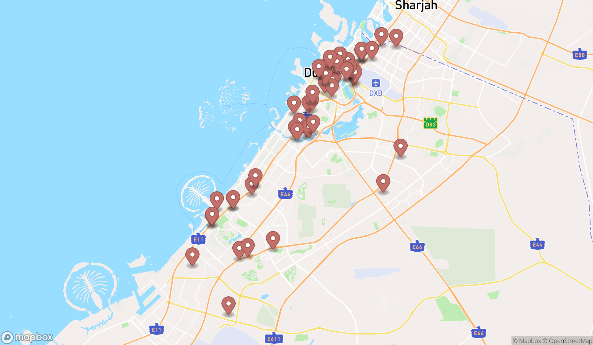 Map showing the search results in Dubai