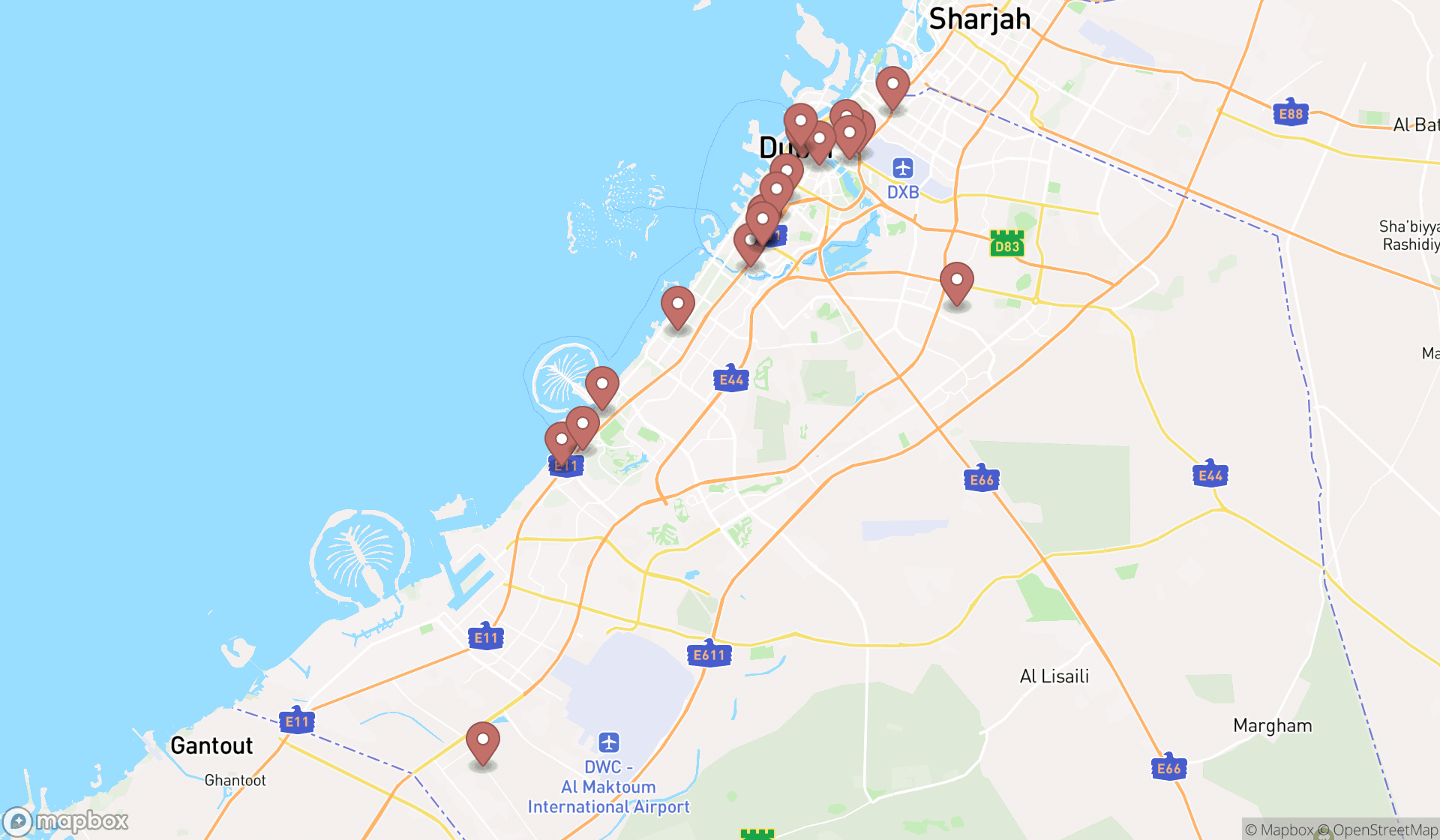 Map showing the search results in Dubai