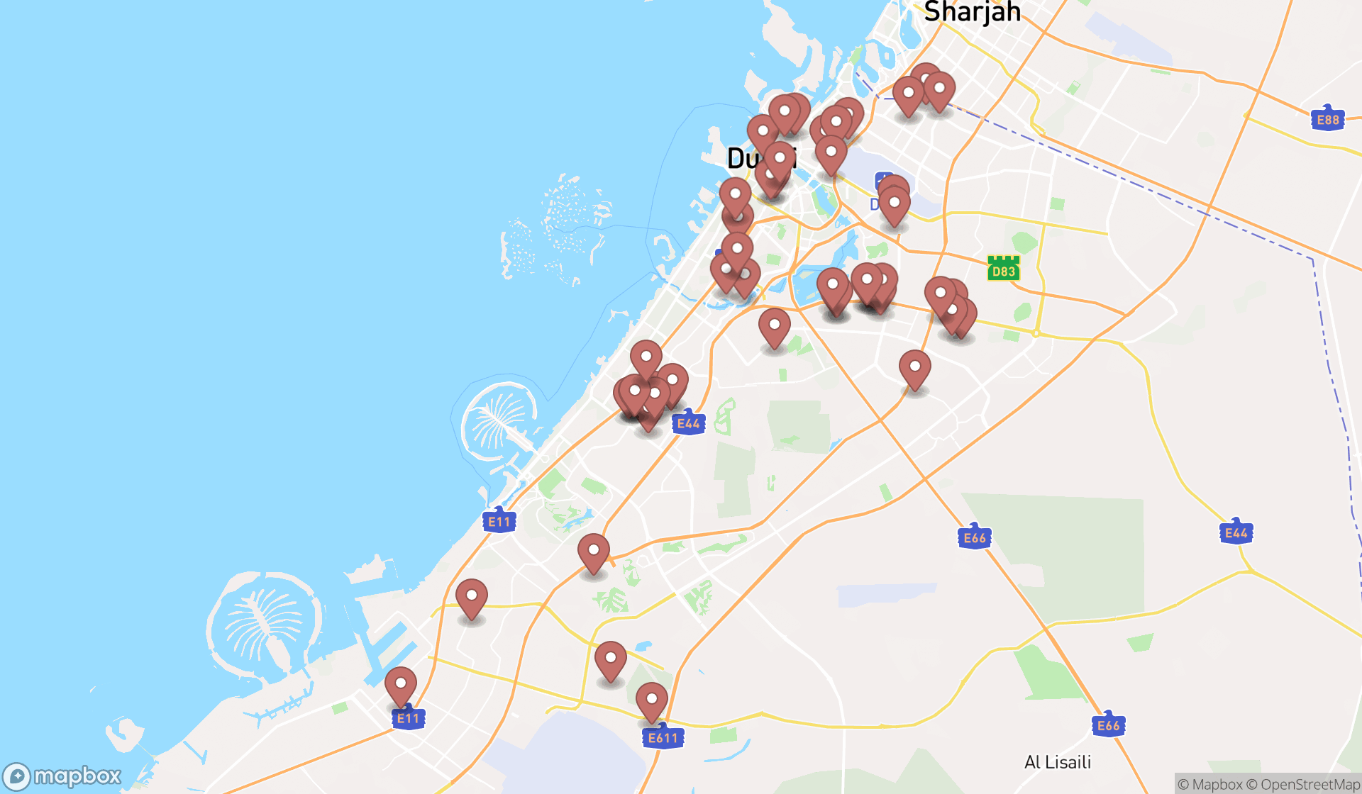 Map showing the search results in Dubai