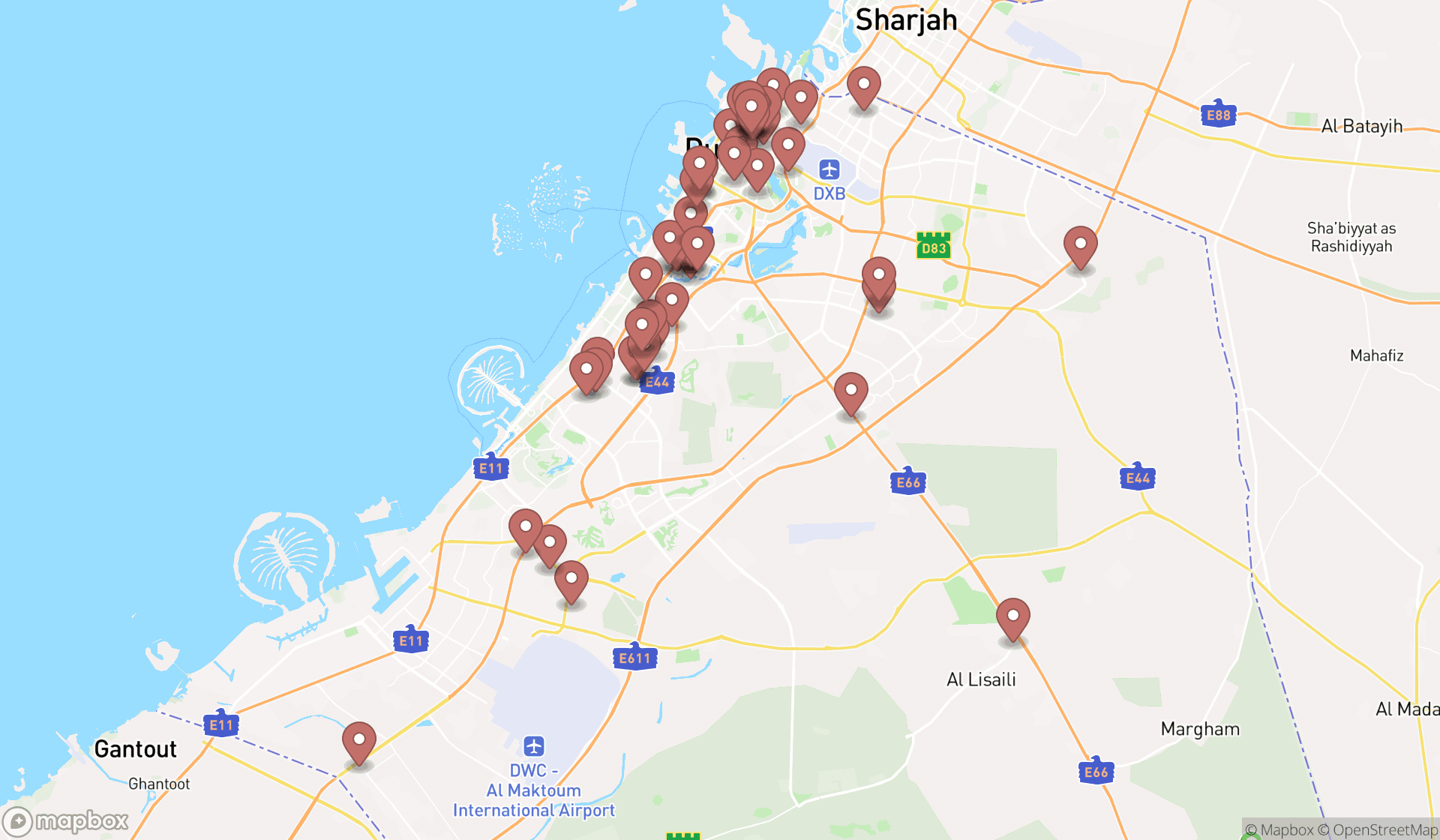 Map showing the search results in Dubai