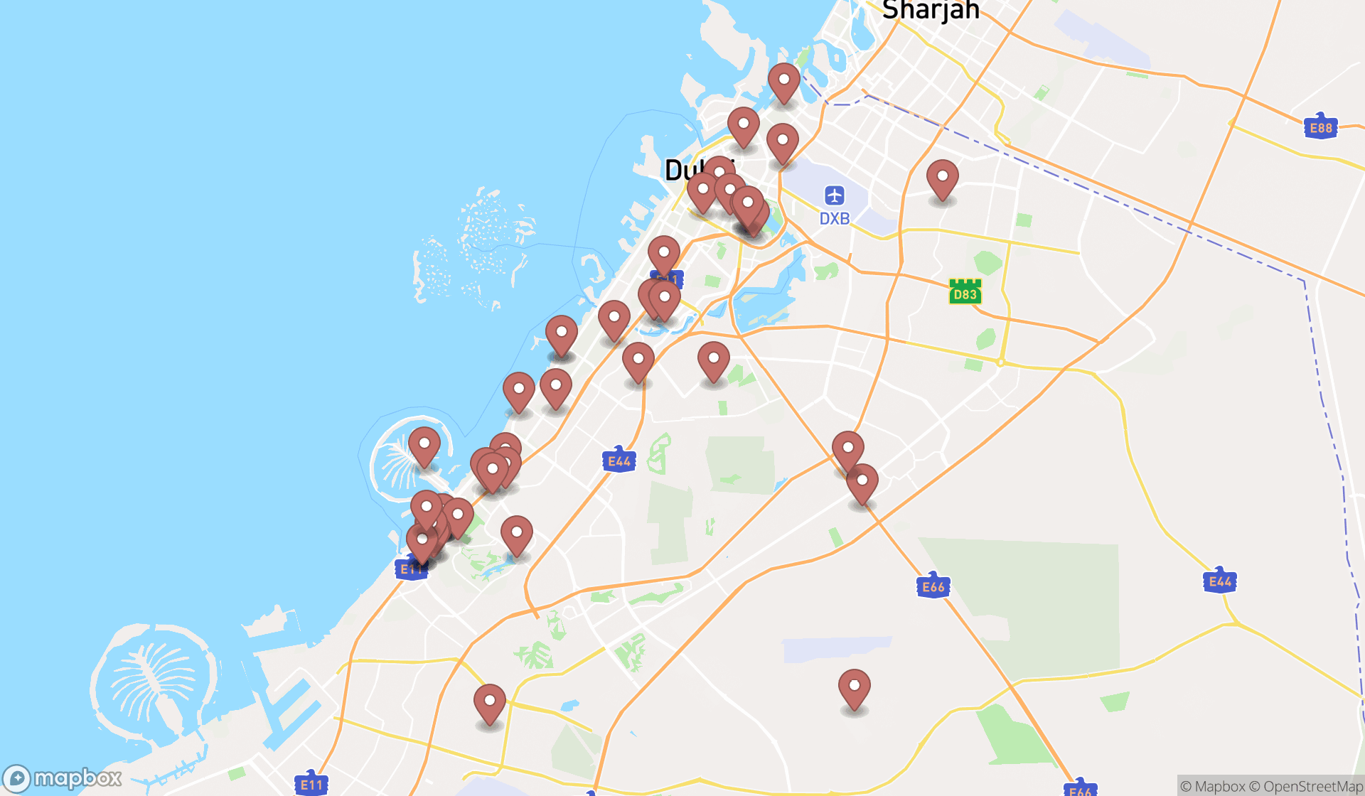 Map showing the search results in Dubai