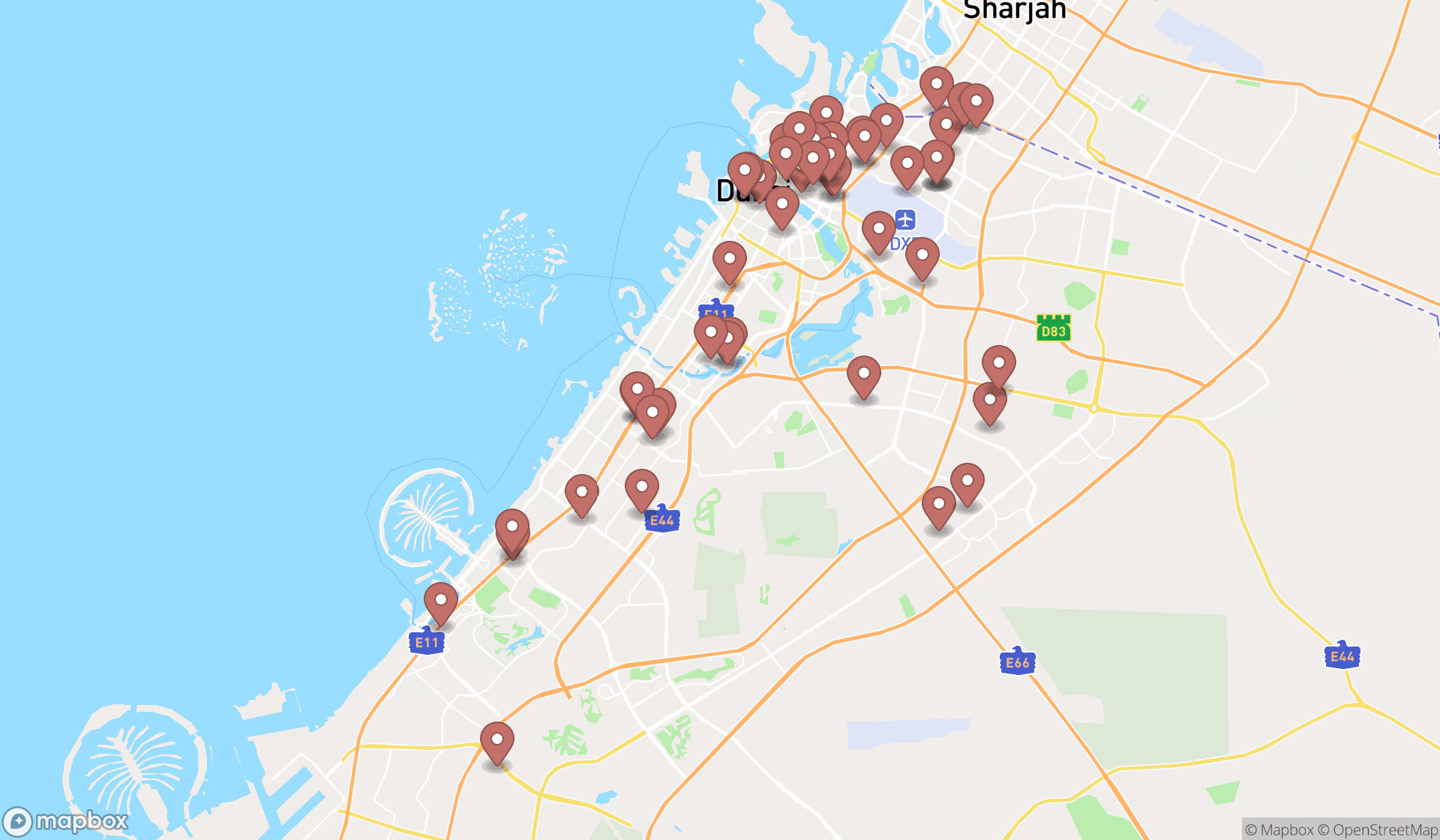 Map showing the search results in Dubai