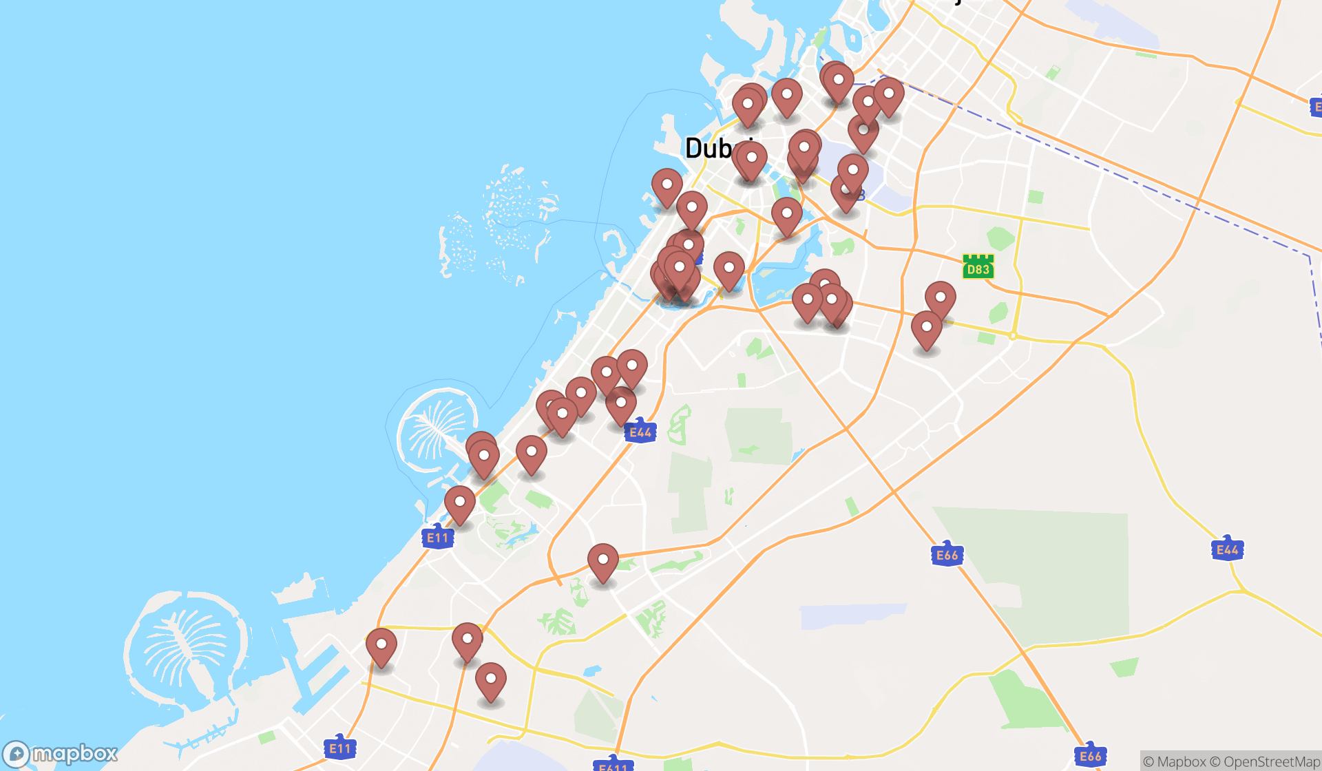 Map showing the search results in Dubai