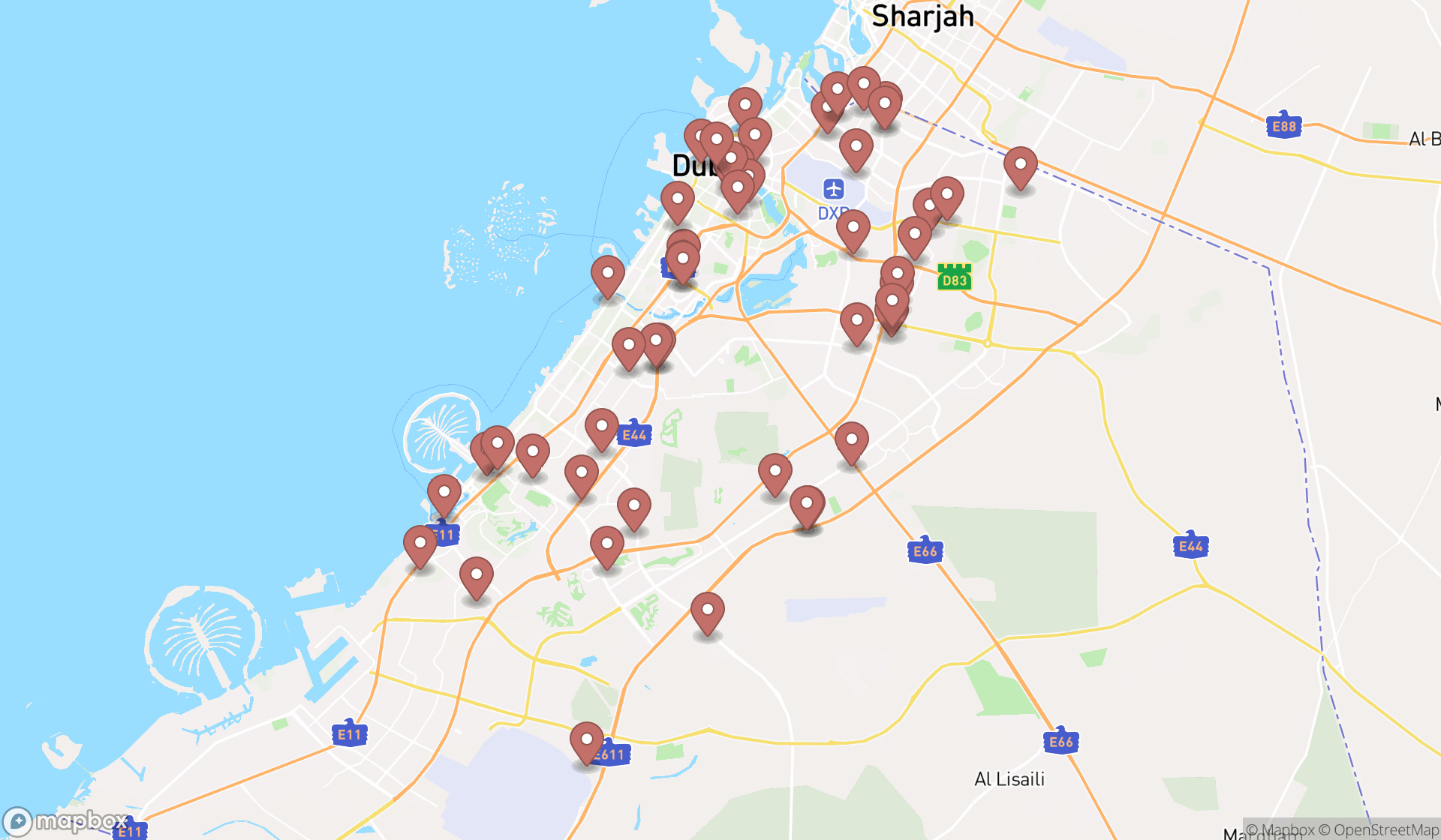 Map showing the search results in Dubai