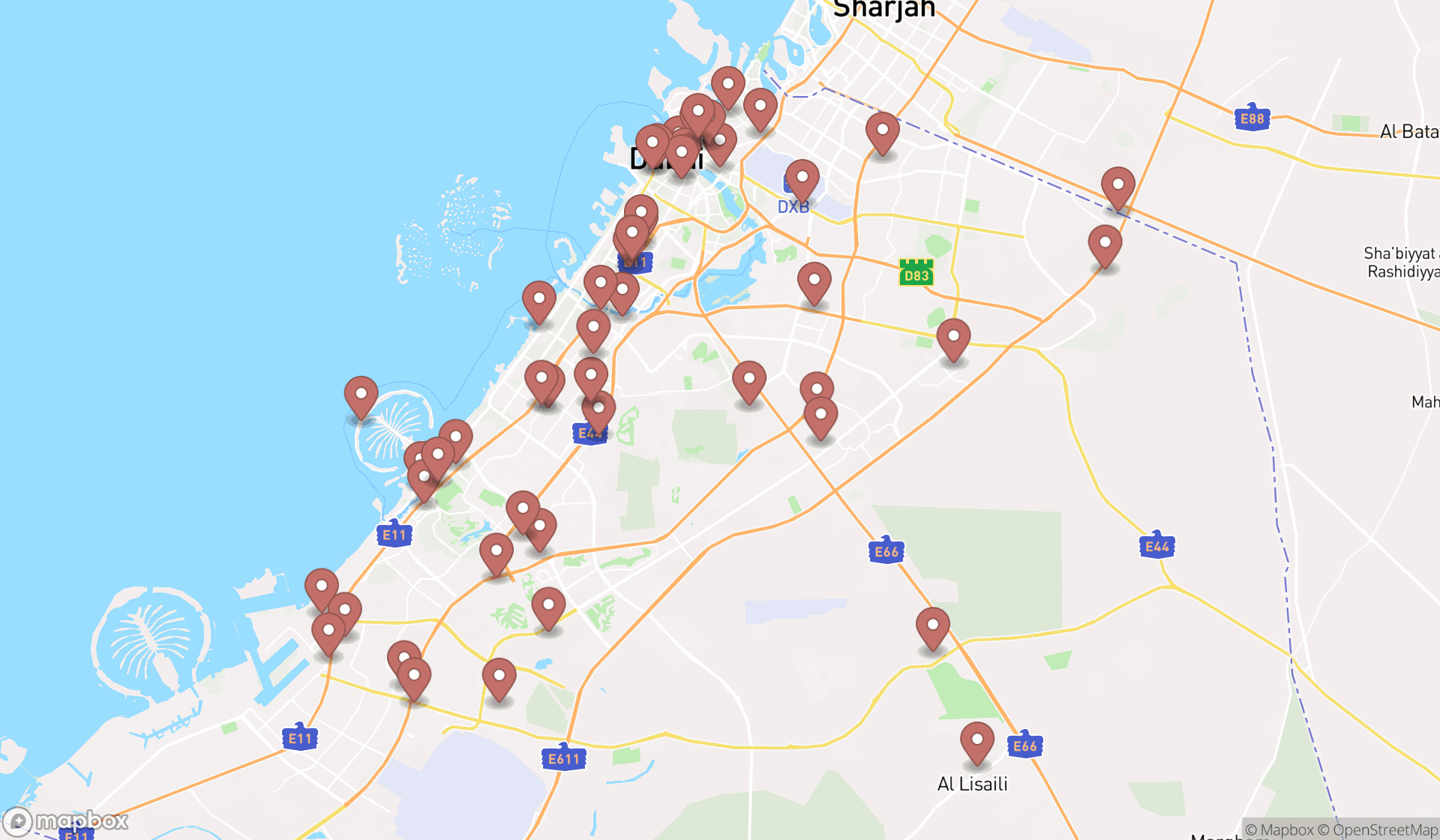 Map showing the search results in Dubai