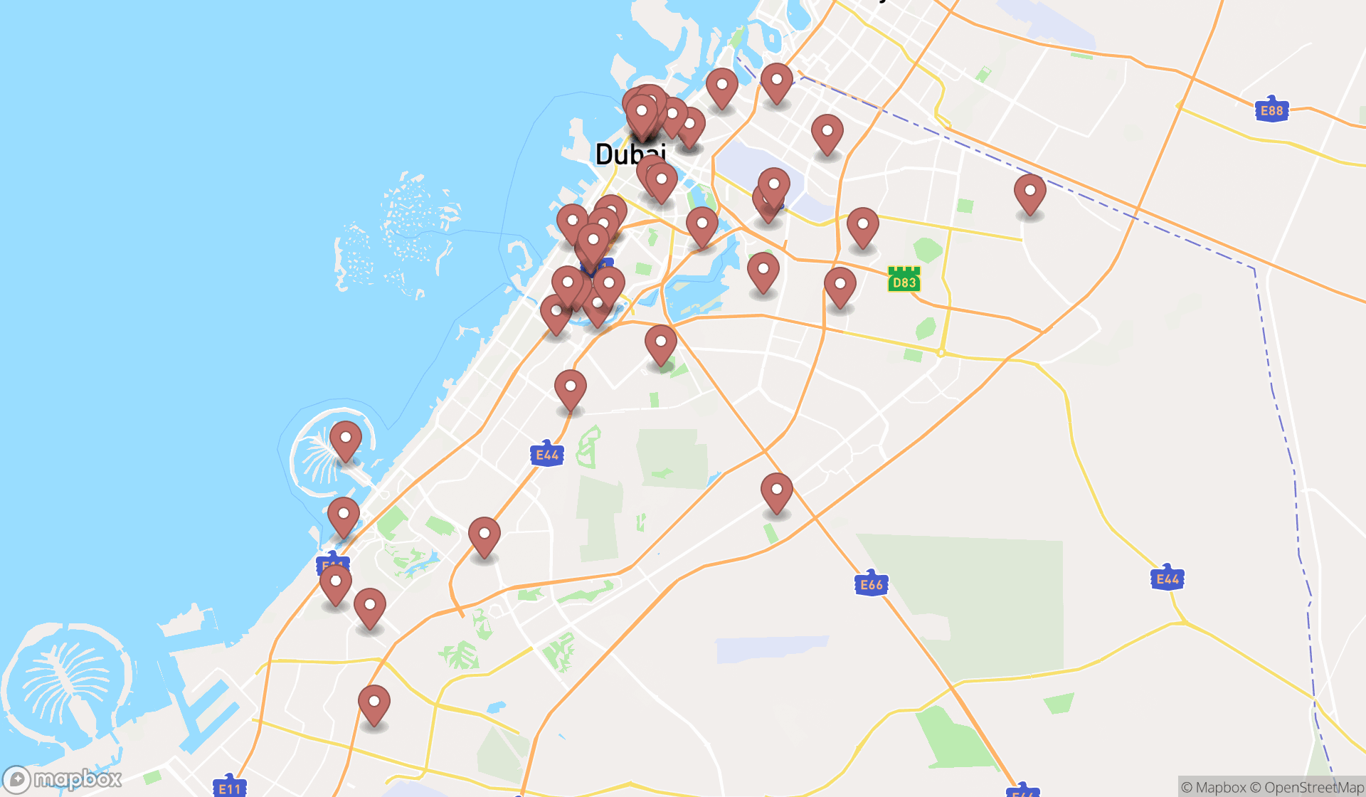 Map showing the search results in Dubai