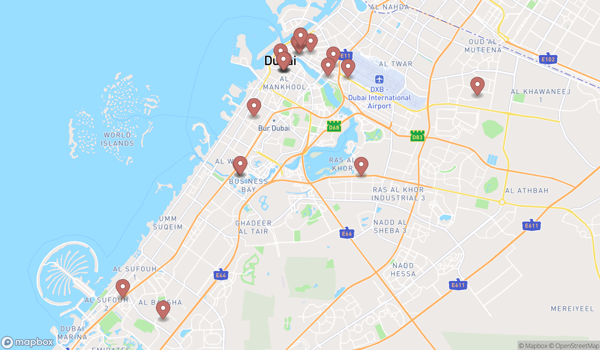 Map showing the search results in Dubai