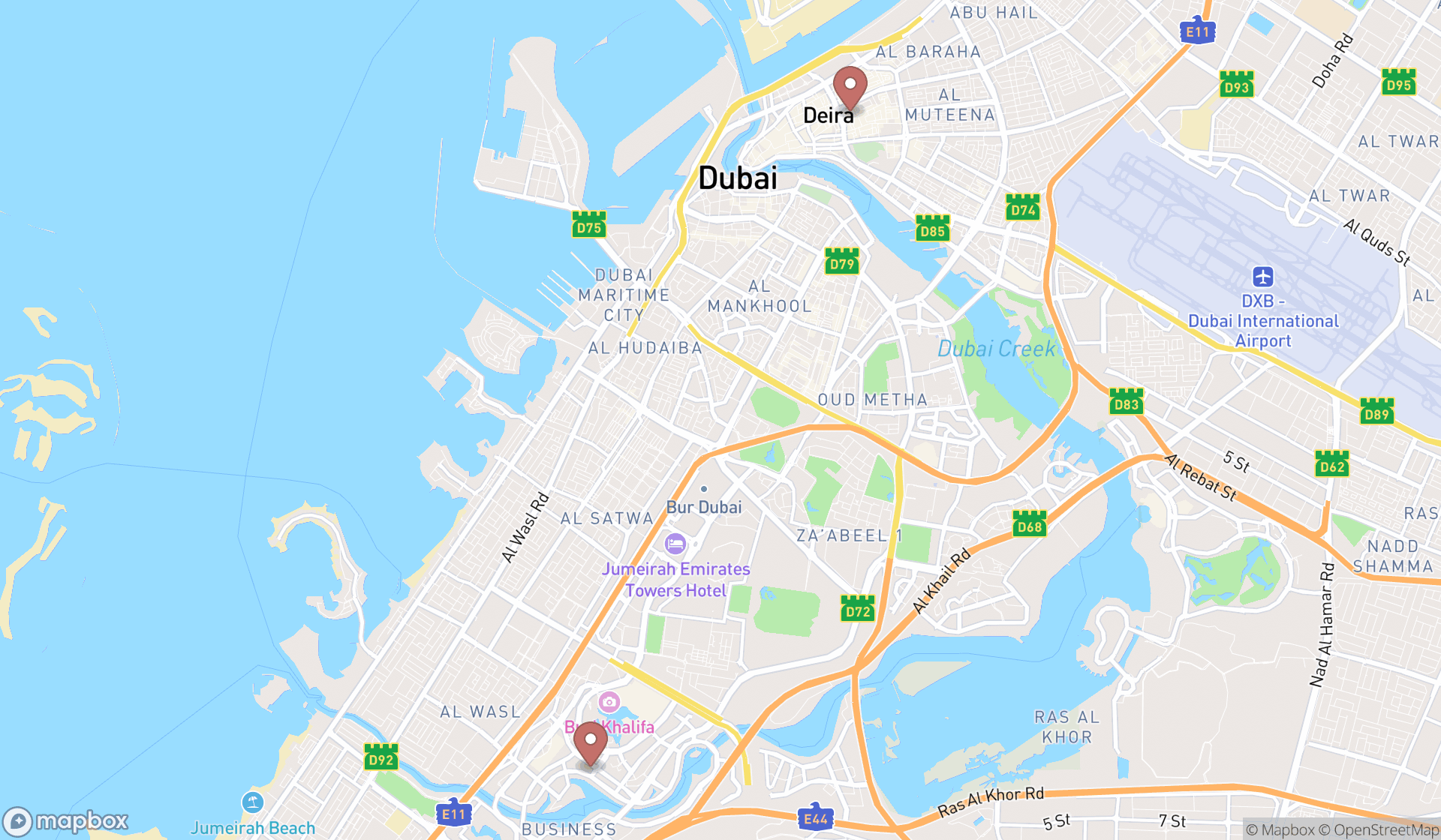 Map showing the search results in Dubai