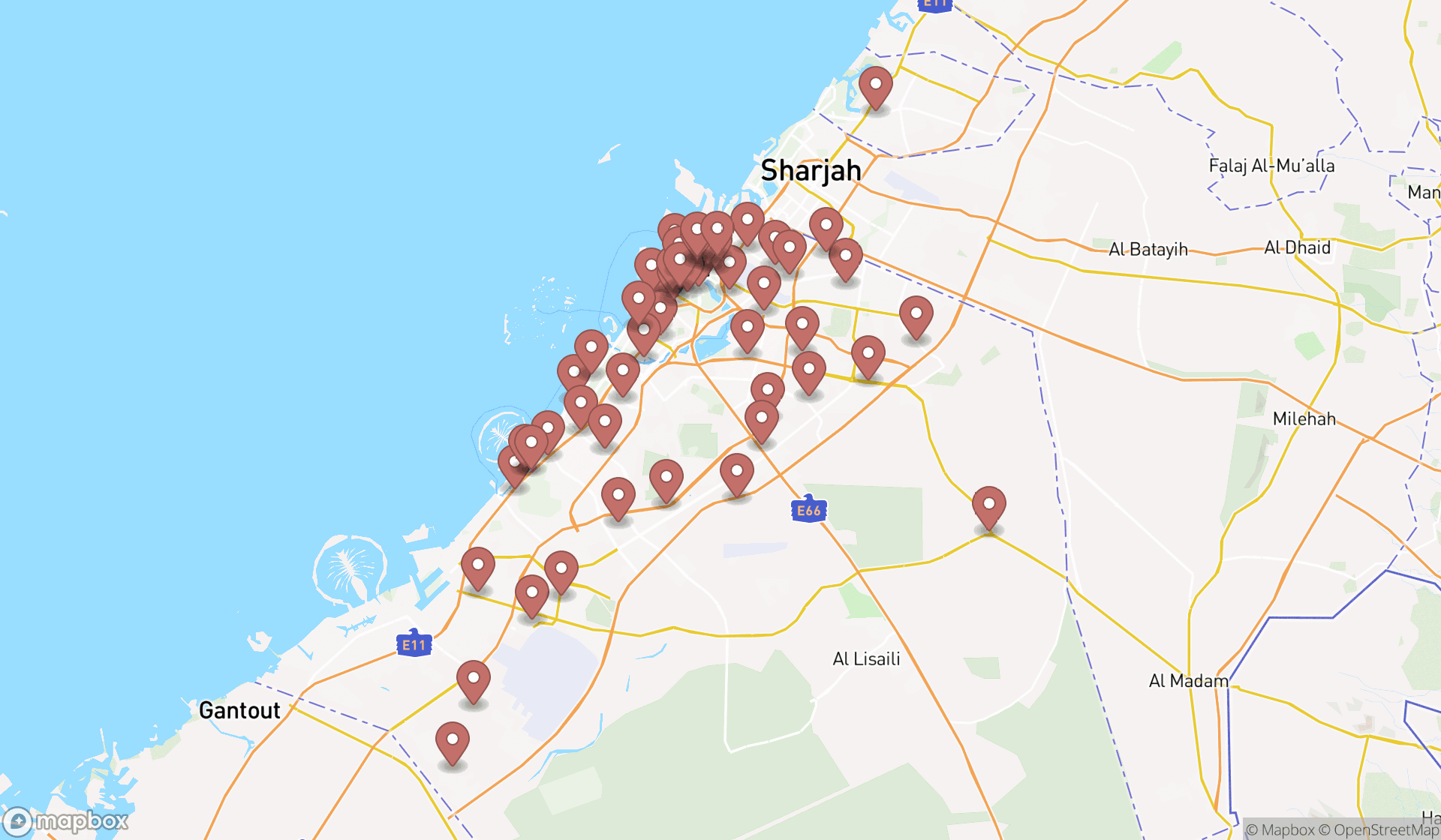 Map showing the search results in Dubai
