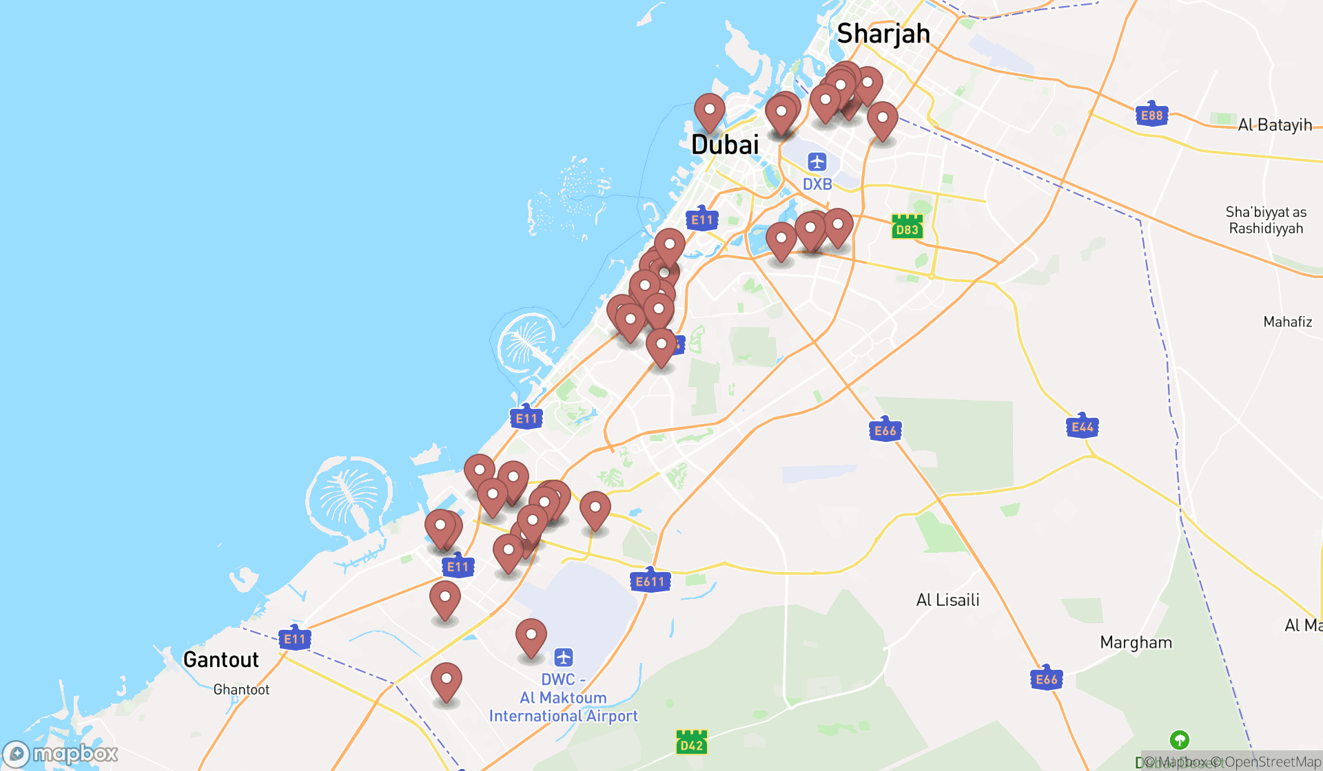 Map showing the search results in Dubai