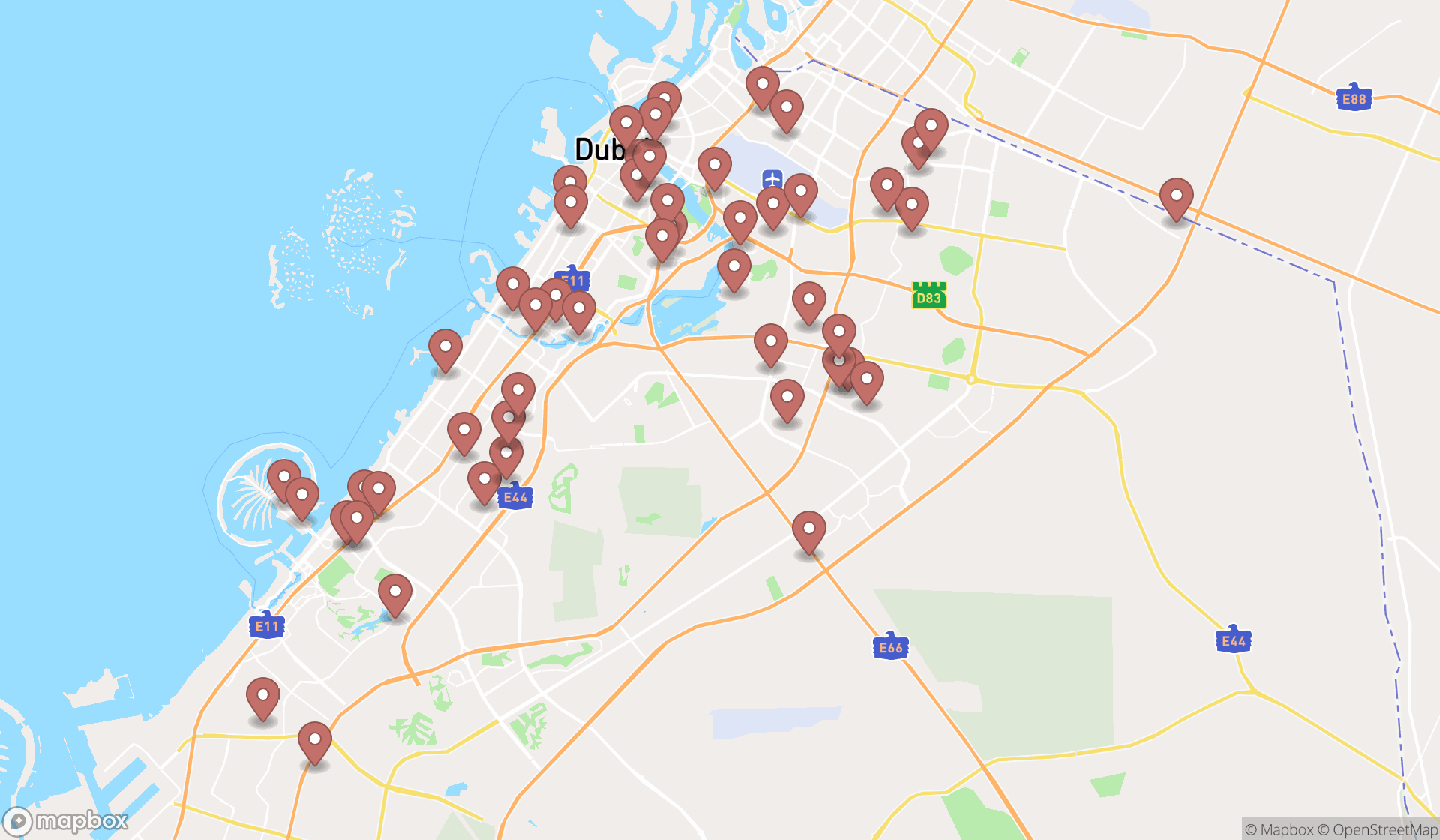 Map showing the search results in Dubai