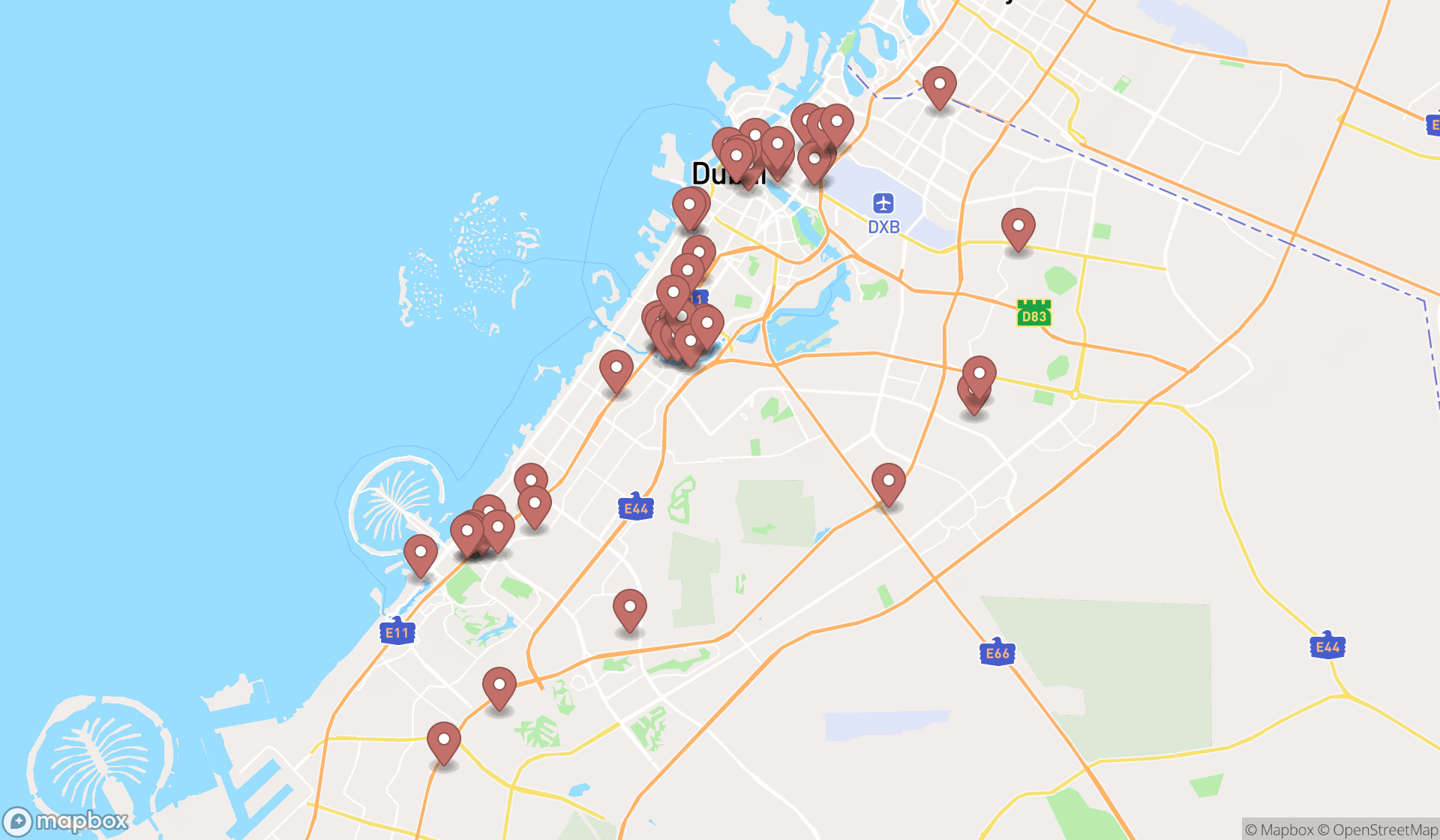 Map showing the search results in Dubai