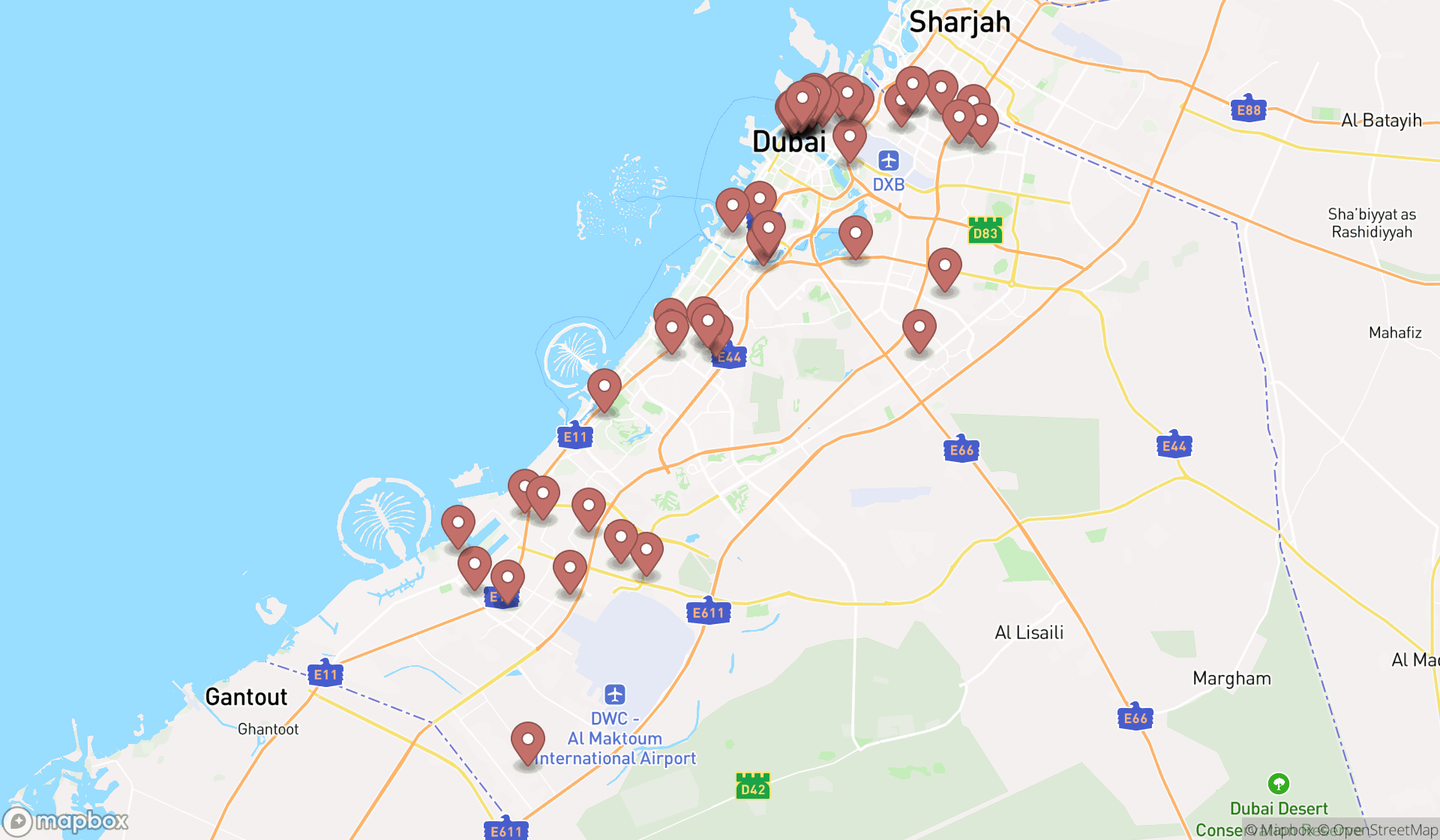 Map showing the search results in Dubai