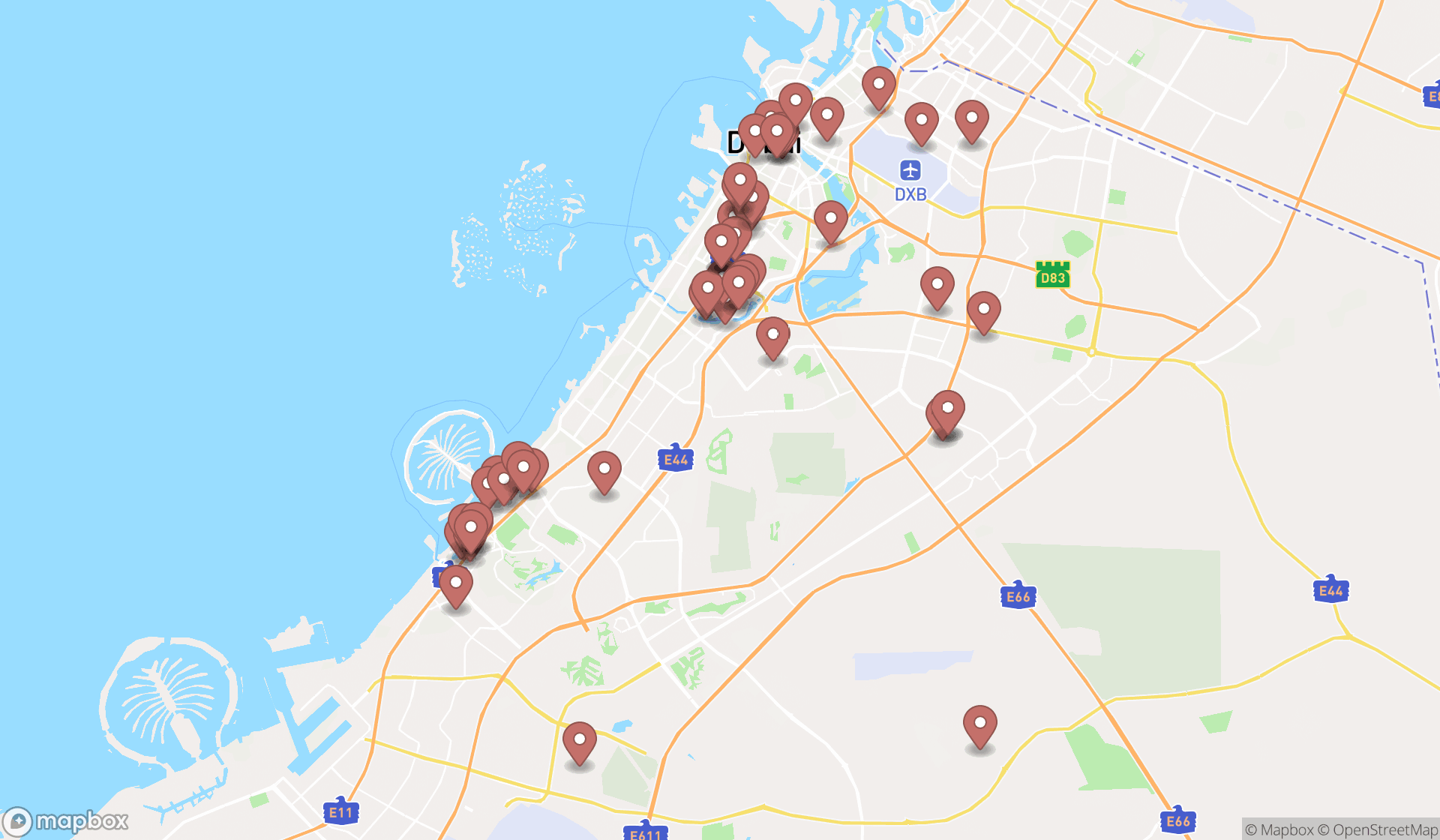 Map showing the search results in Dubai