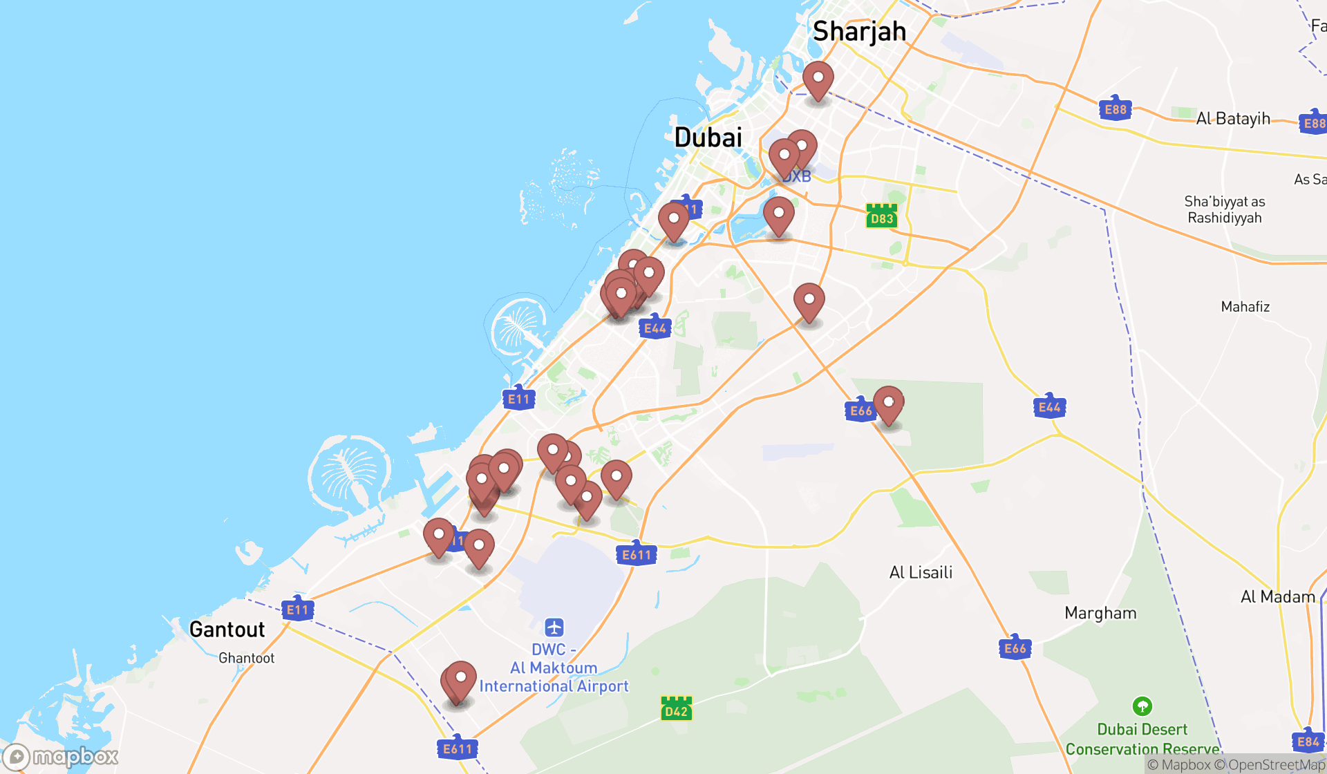 Map showing the search results in Dubai