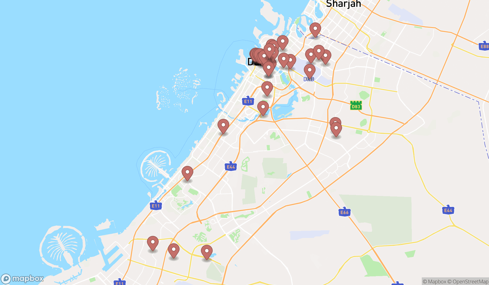 Map showing the search results in Dubai