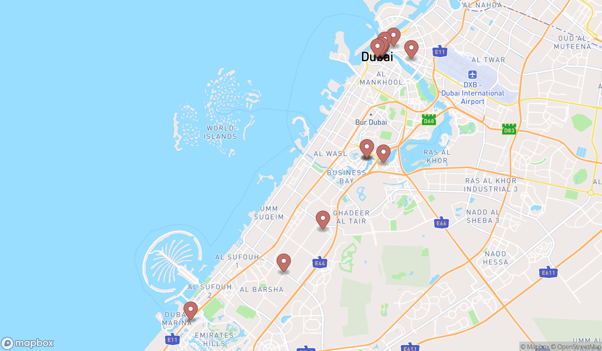 Map showing the search results in Dubai
