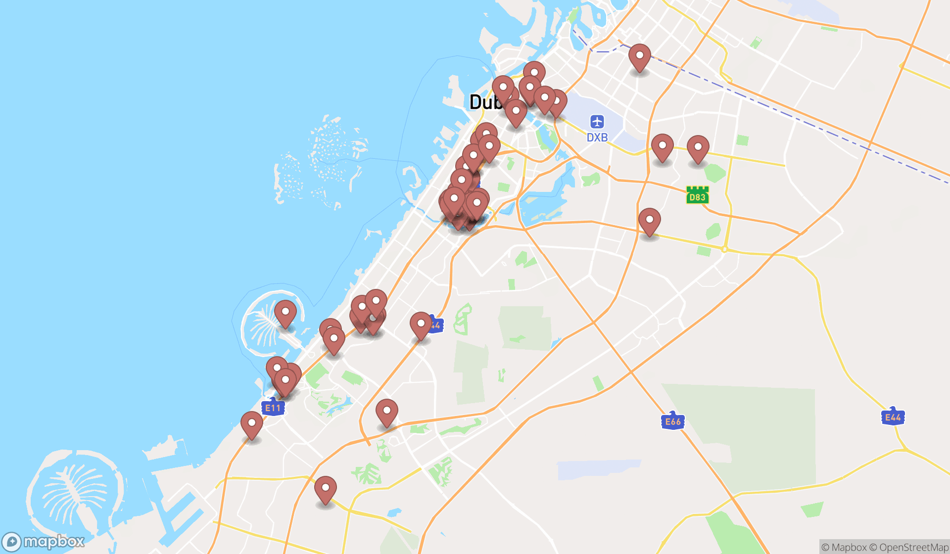 Map showing the search results in Dubai