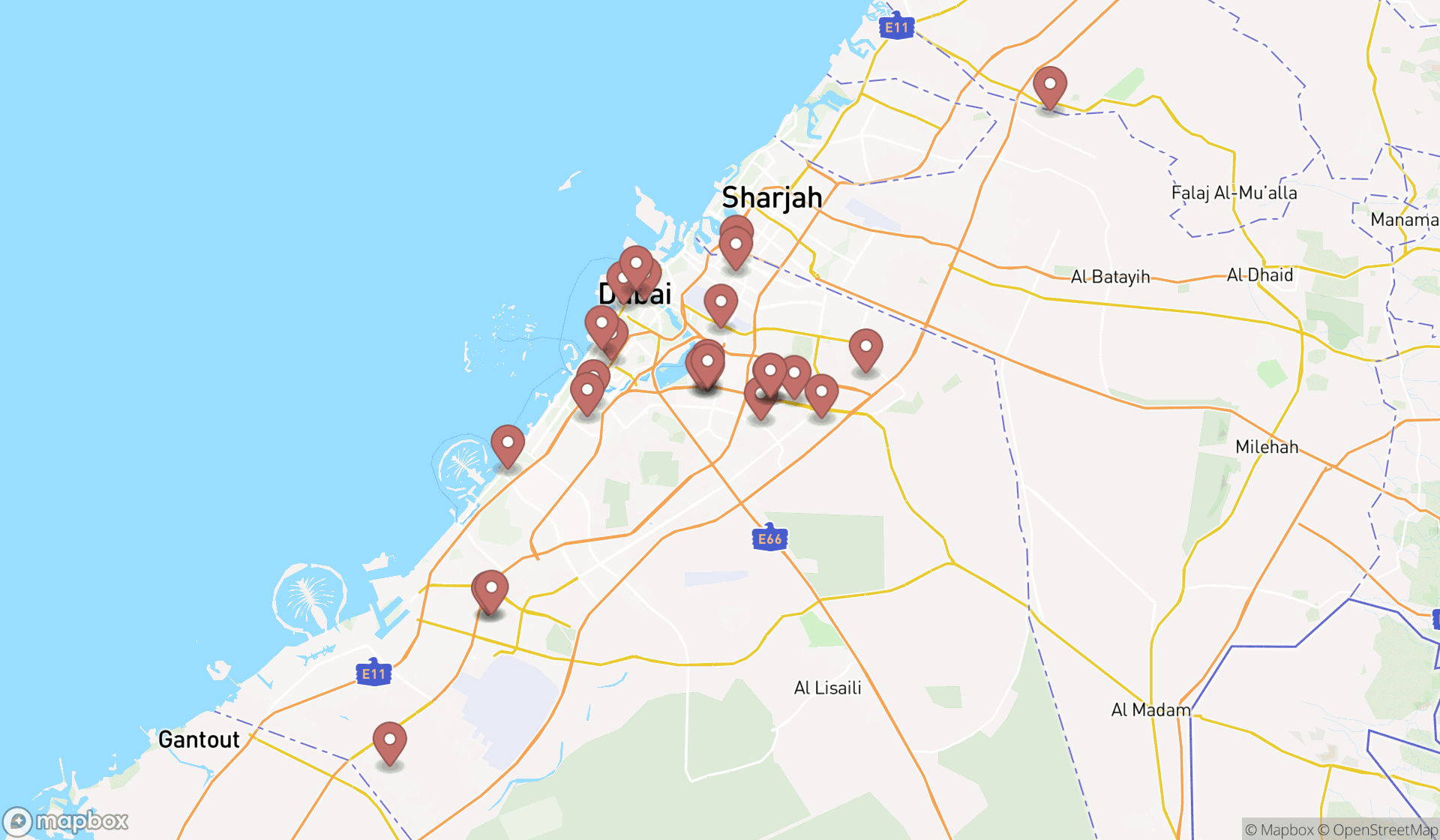 Map showing the search results in Dubai