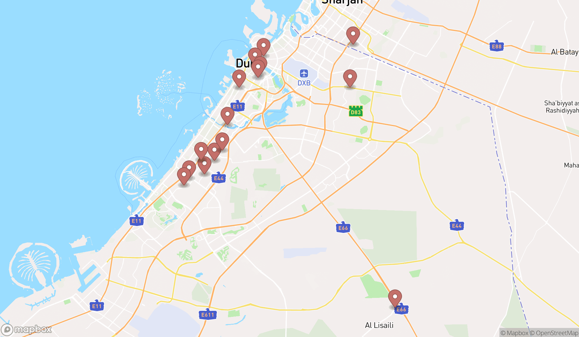 Map showing the search results in Dubai