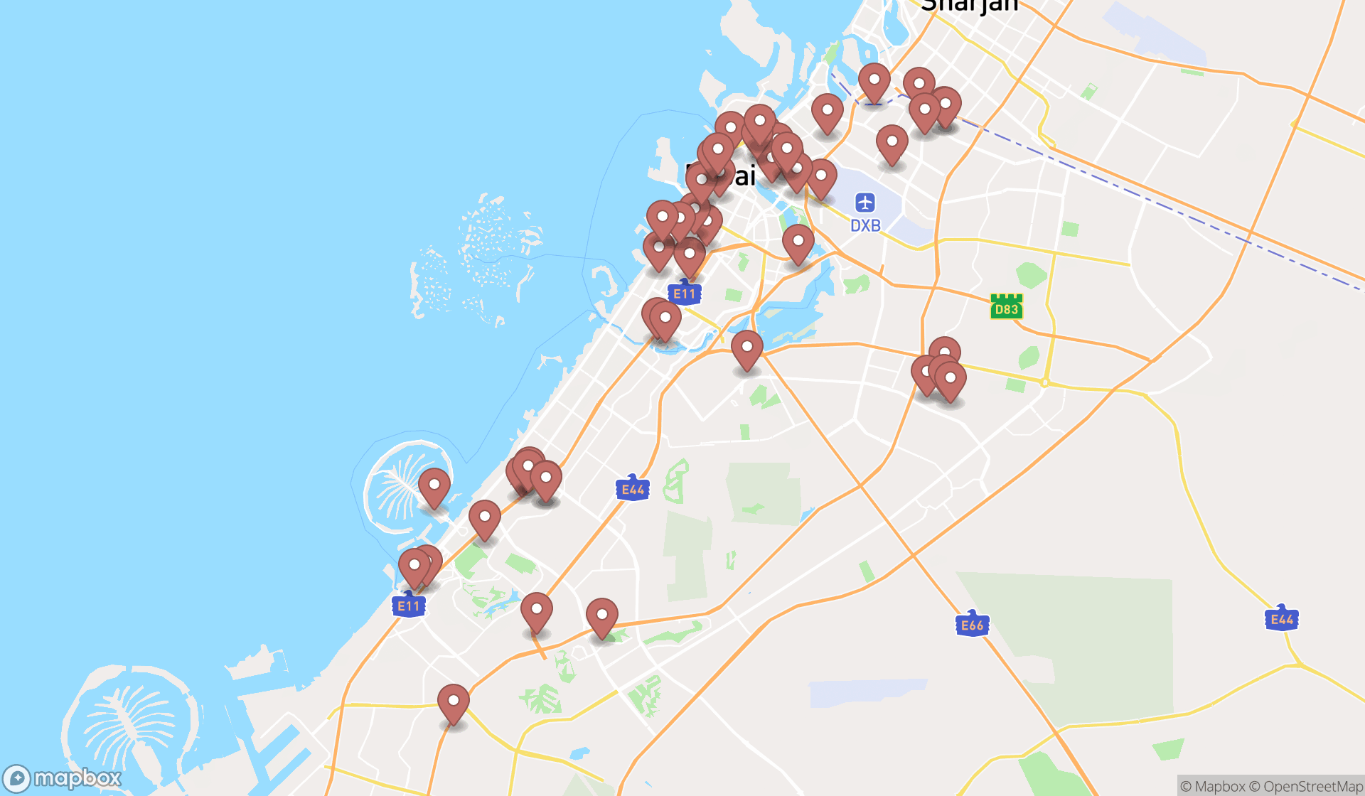 Map showing the search results in Dubai