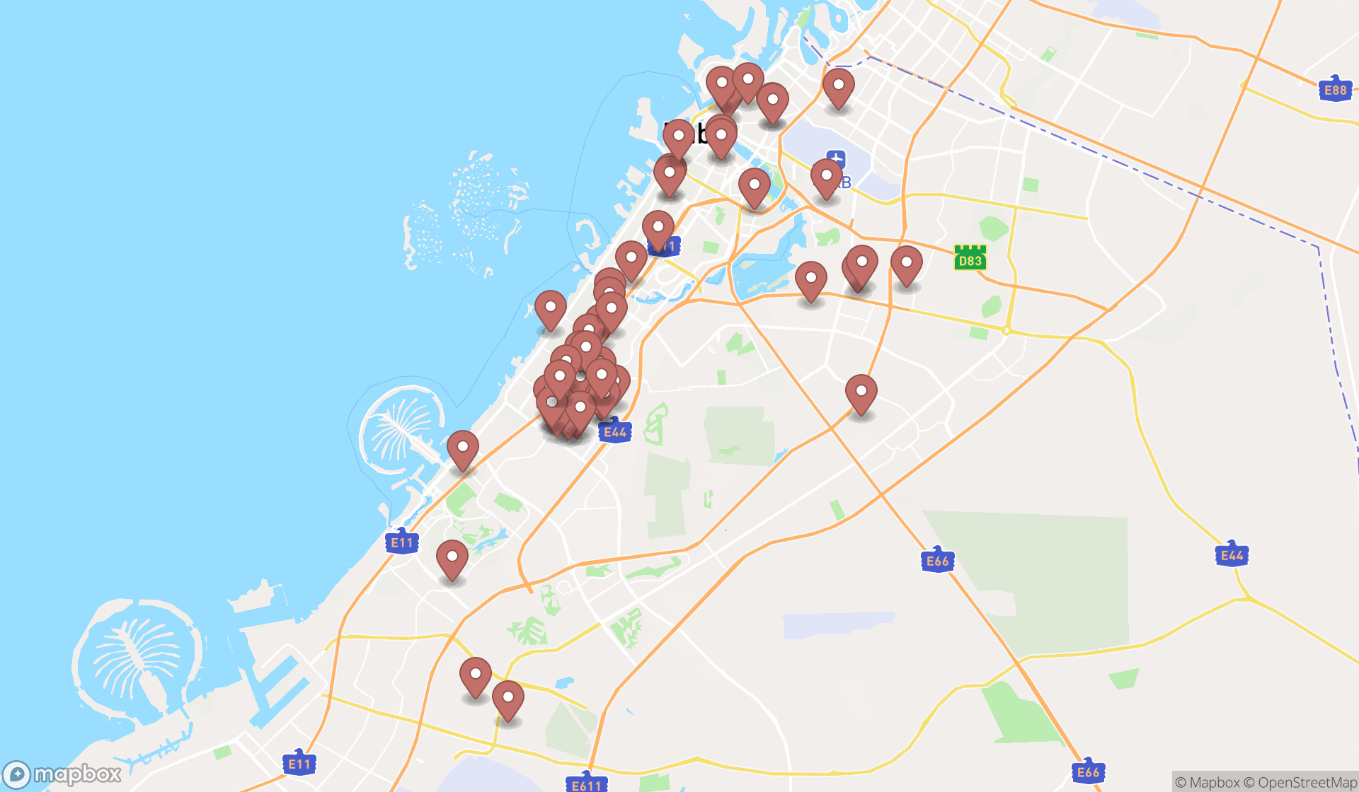 Map showing the search results in Dubai