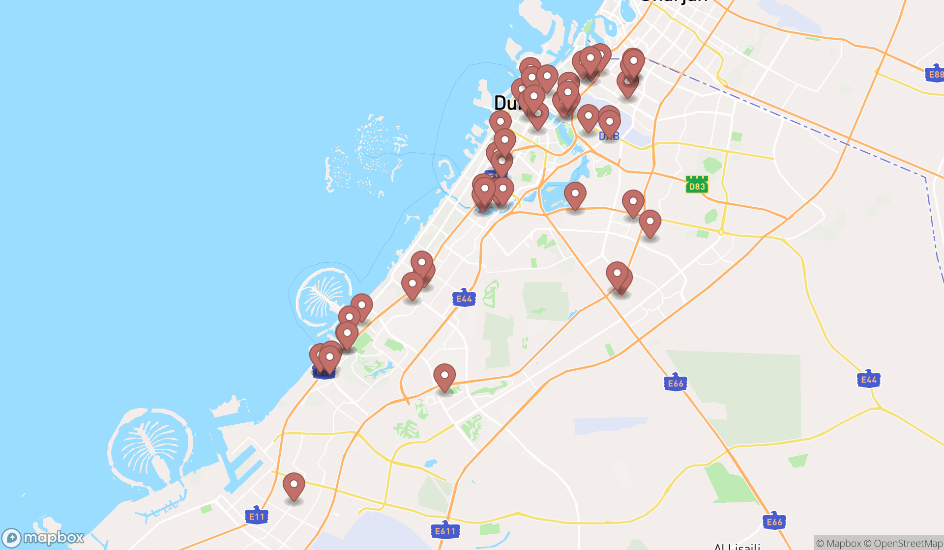 Map showing the search results in Dubai