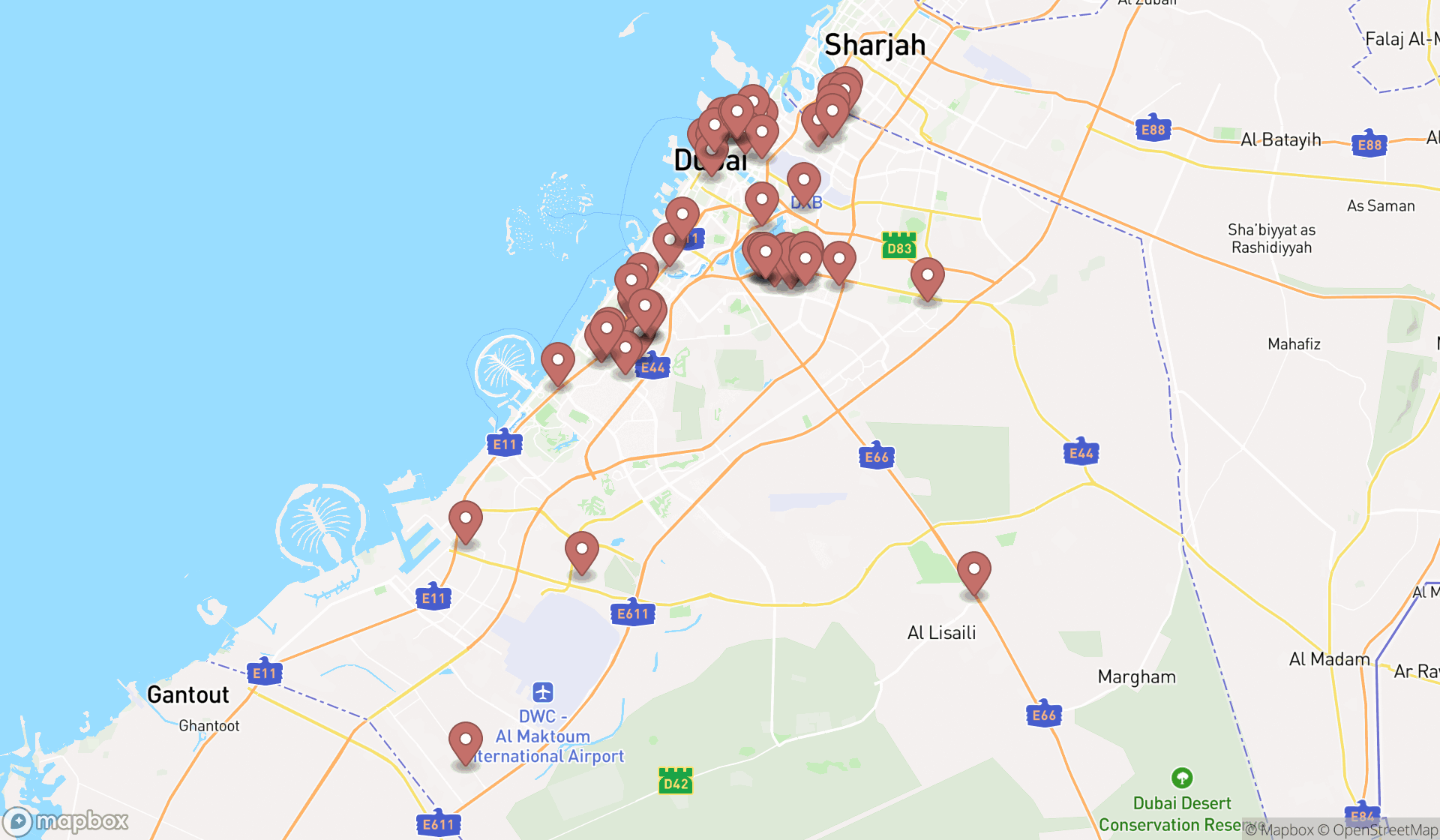 Map showing the search results in Dubai