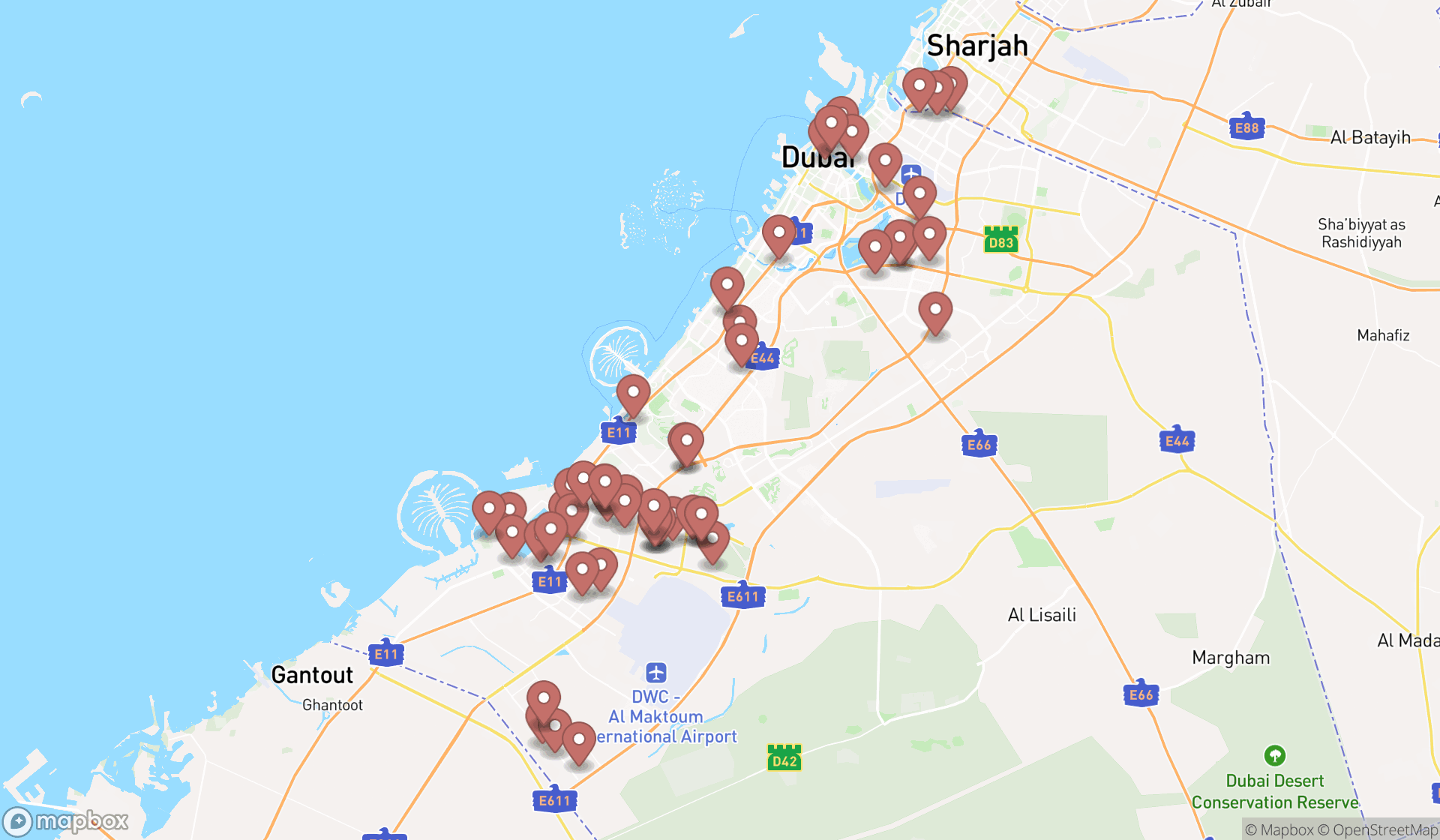 Map showing the search results in Dubai