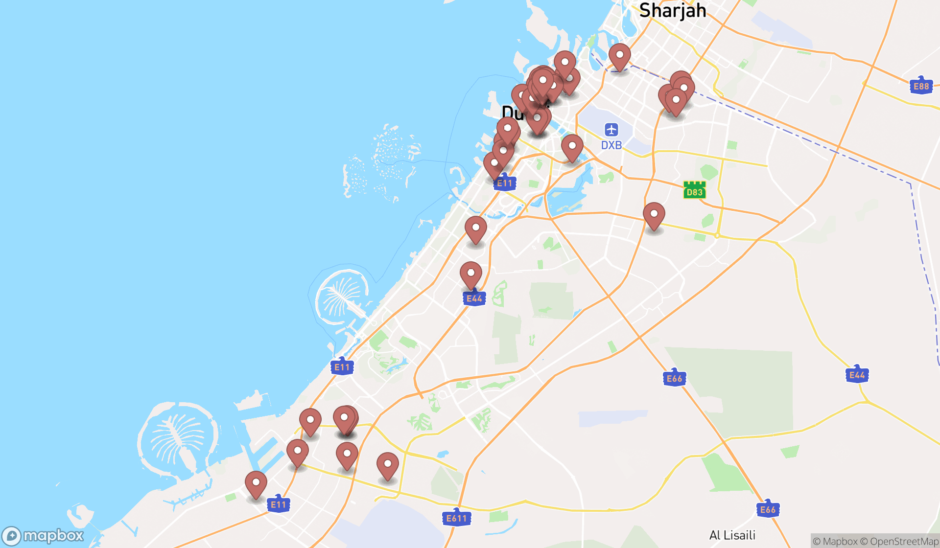 Map showing the search results in Dubai