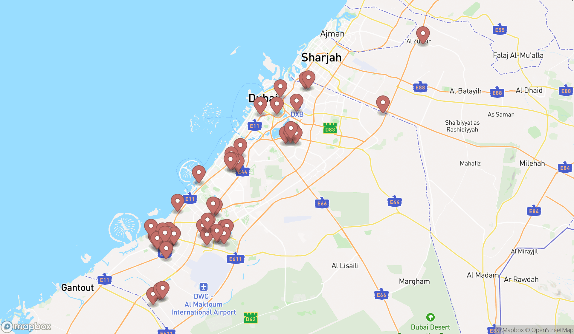Map showing the search results in Dubai