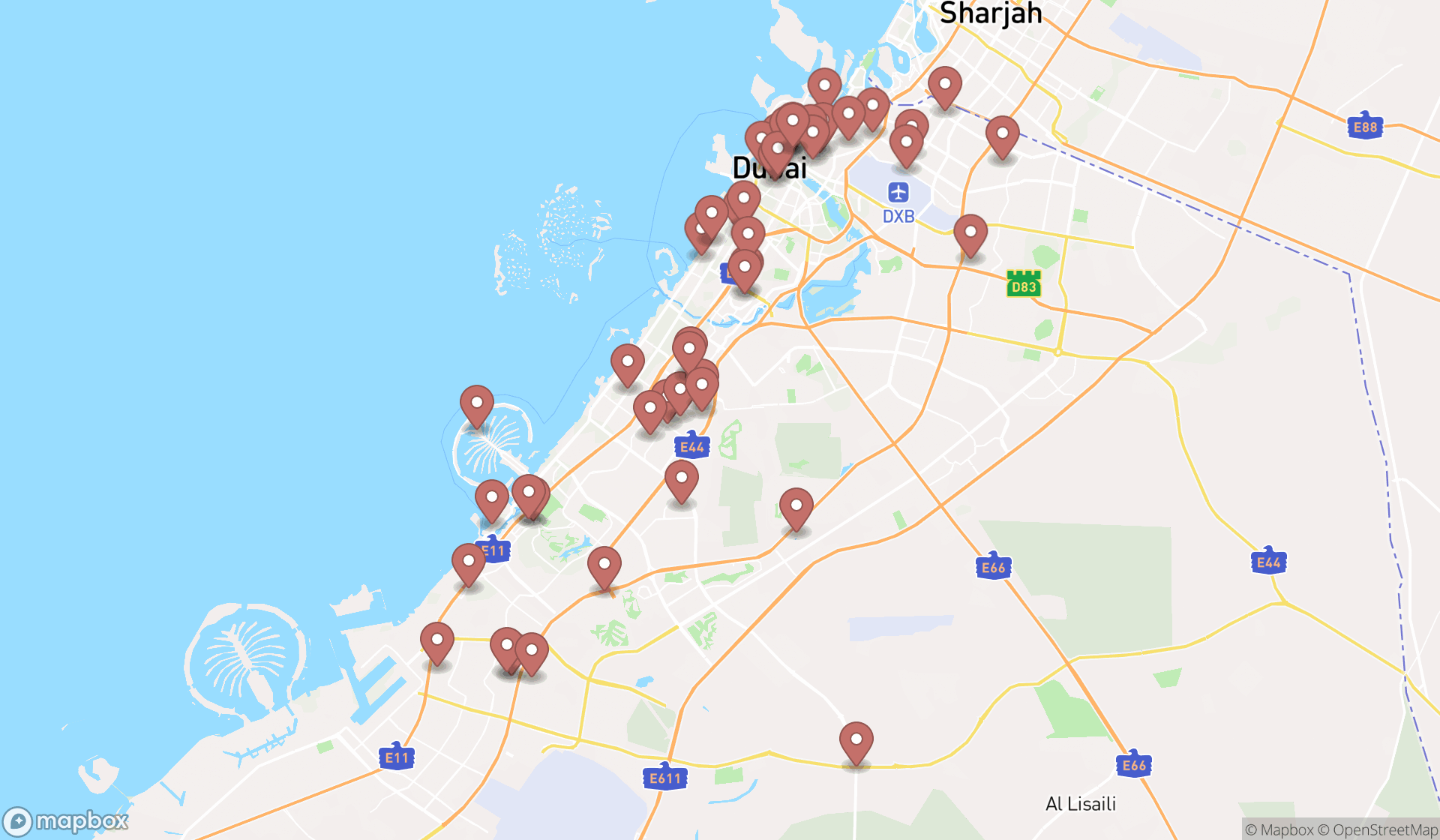 Map showing the search results in Dubai
