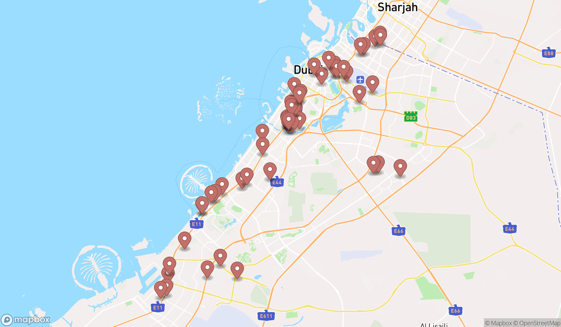 Map showing the search results in Dubai