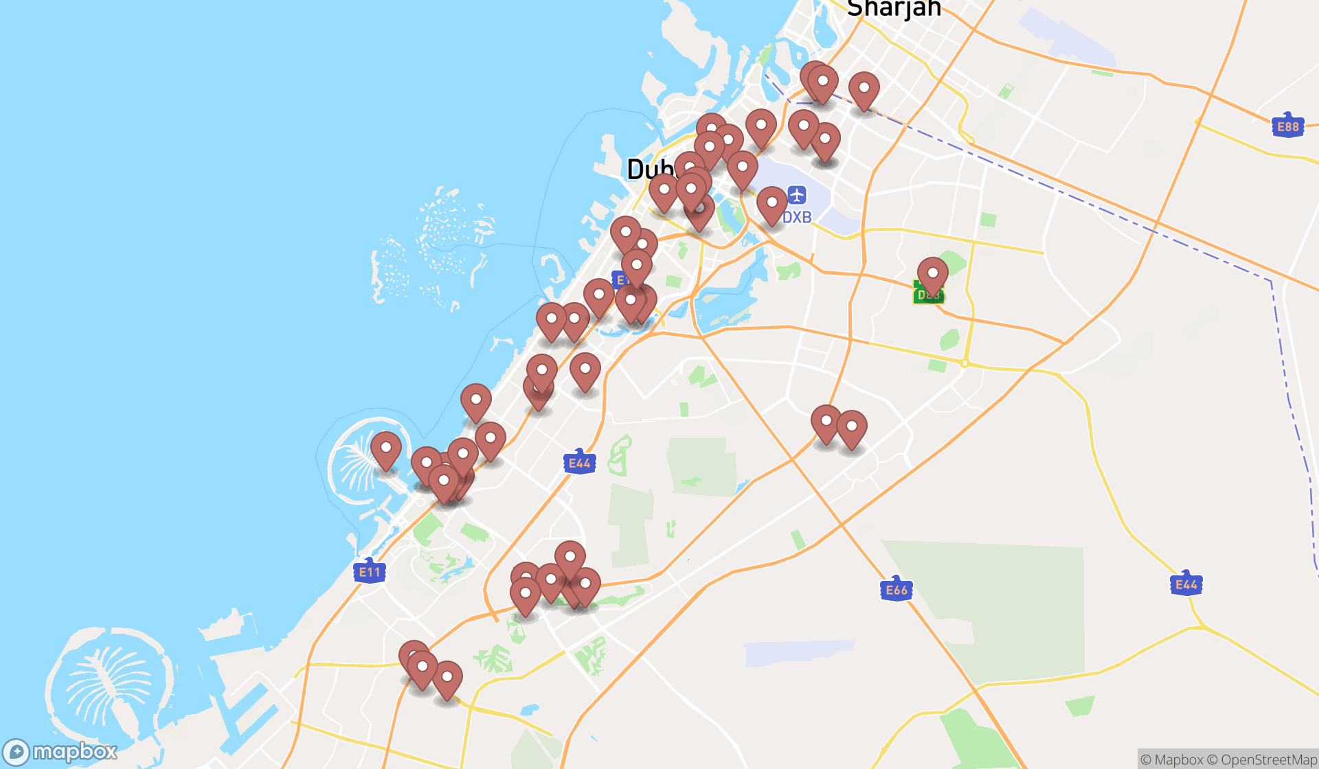 Map showing the search results in Dubai