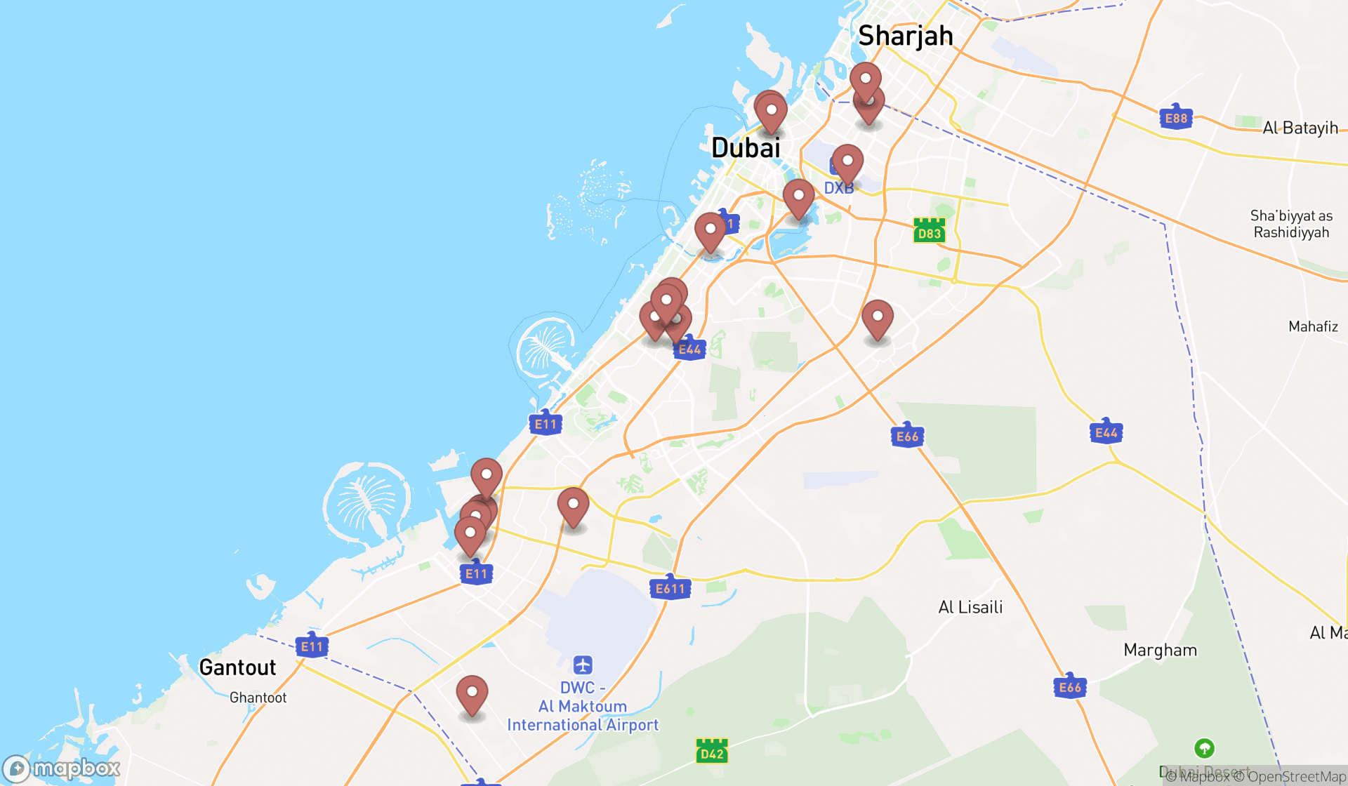 Map showing the search results in Dubai