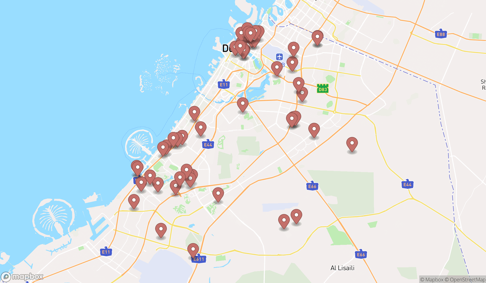 Map showing the search results in Dubai