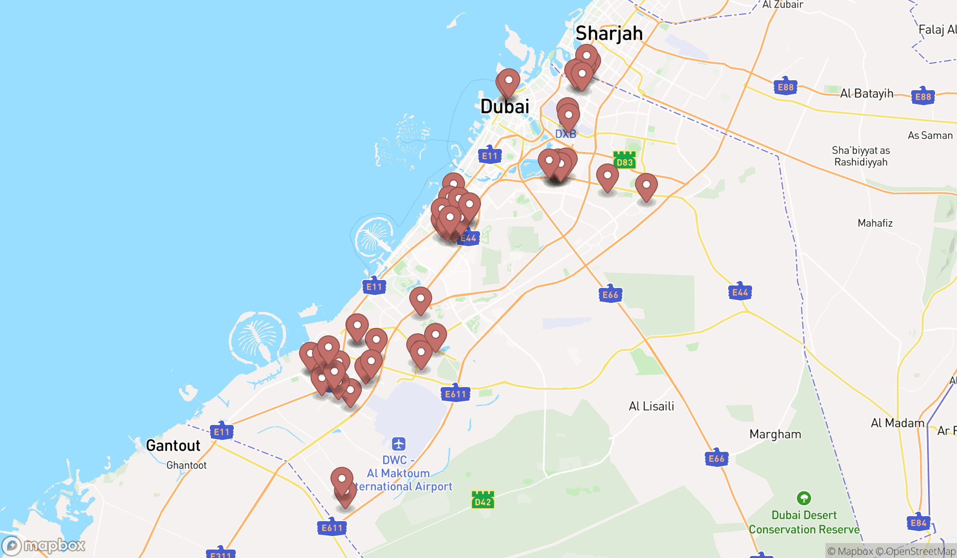 Map showing the search results in Dubai