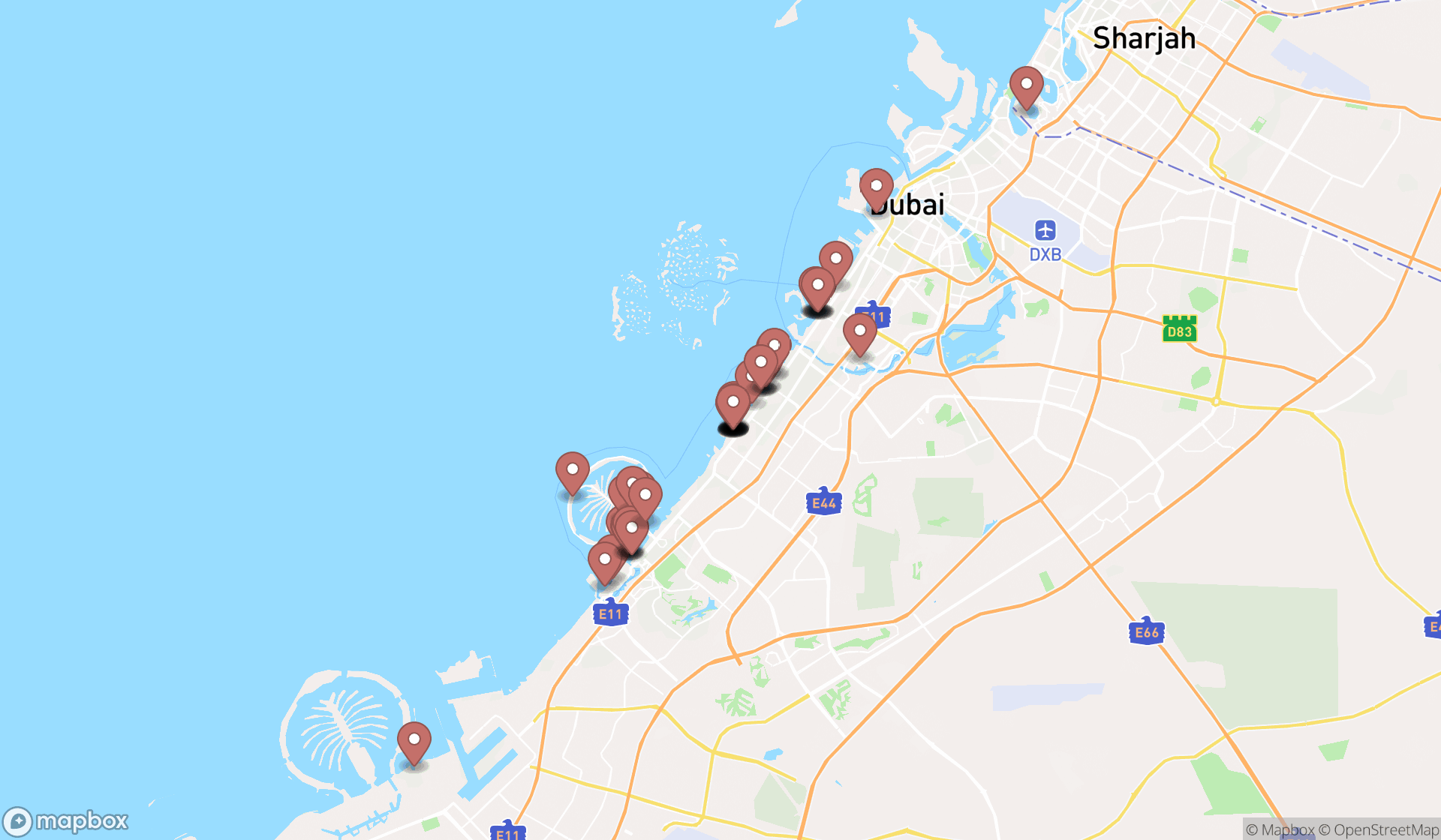 Map showing the search results in Dubai