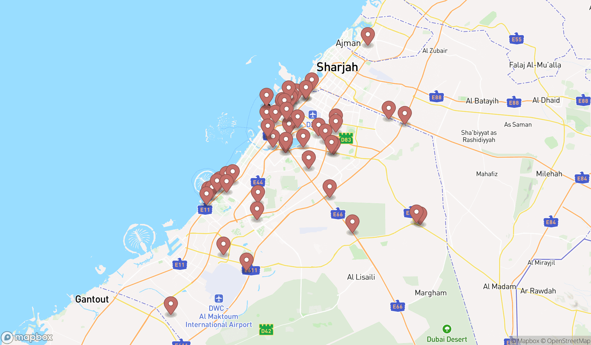 Map showing the search results in Dubai
