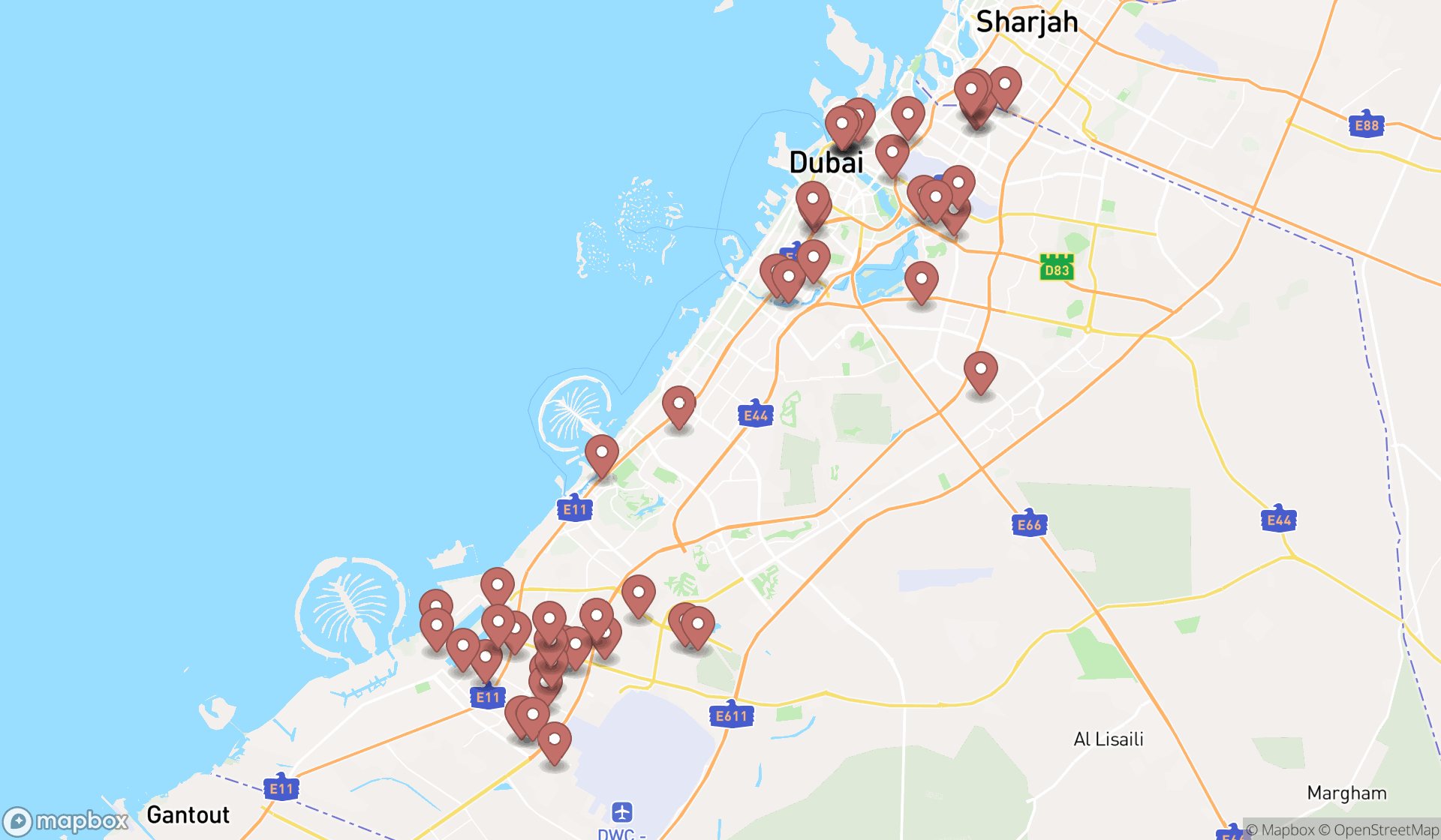 Map showing the search results in Dubai
