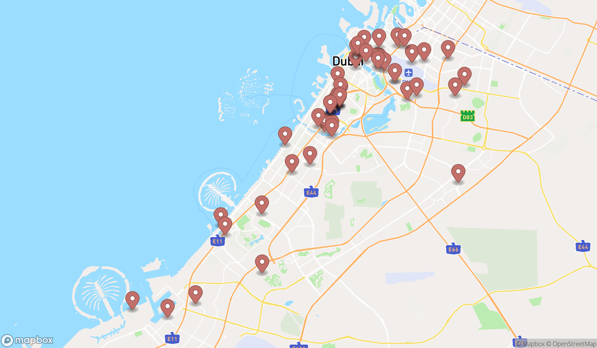 Map showing the search results in Dubai