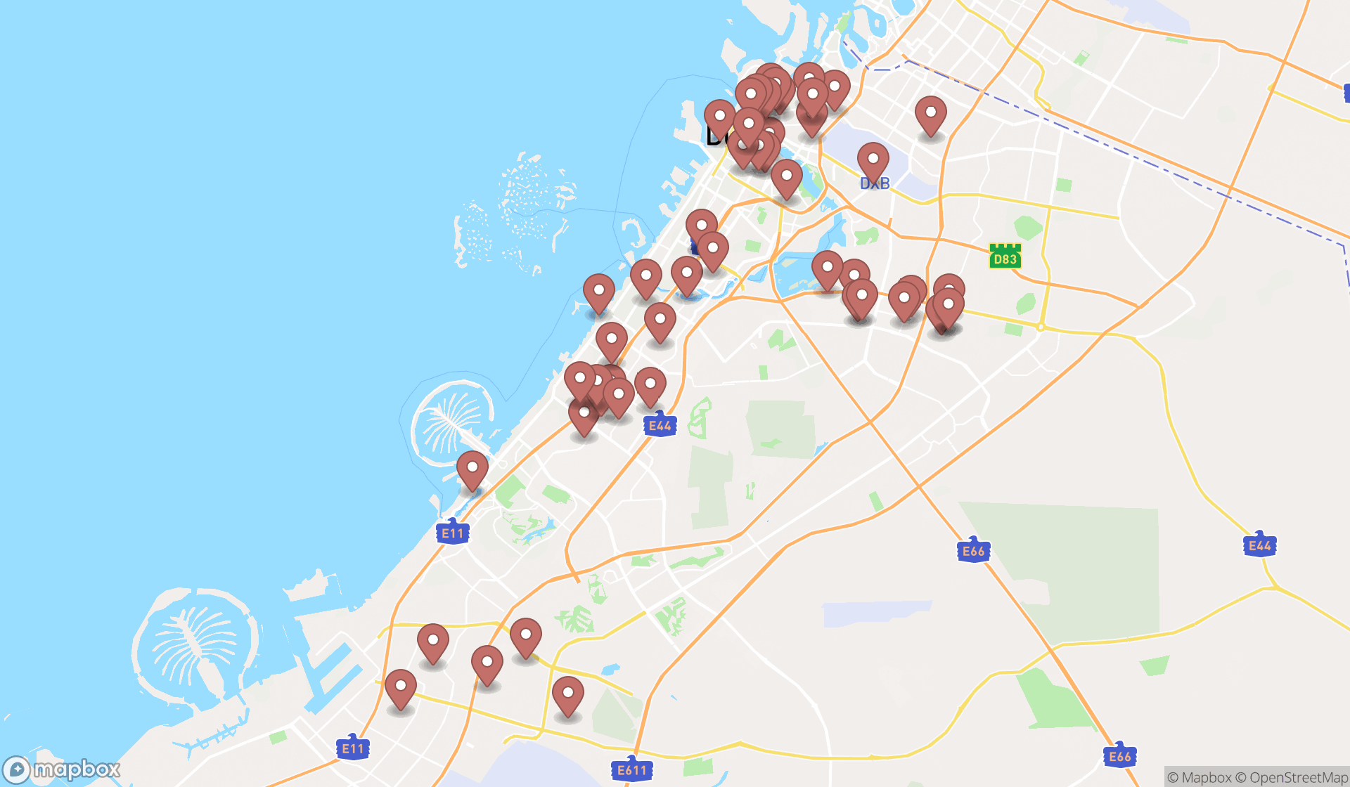 Map showing the search results in Dubai